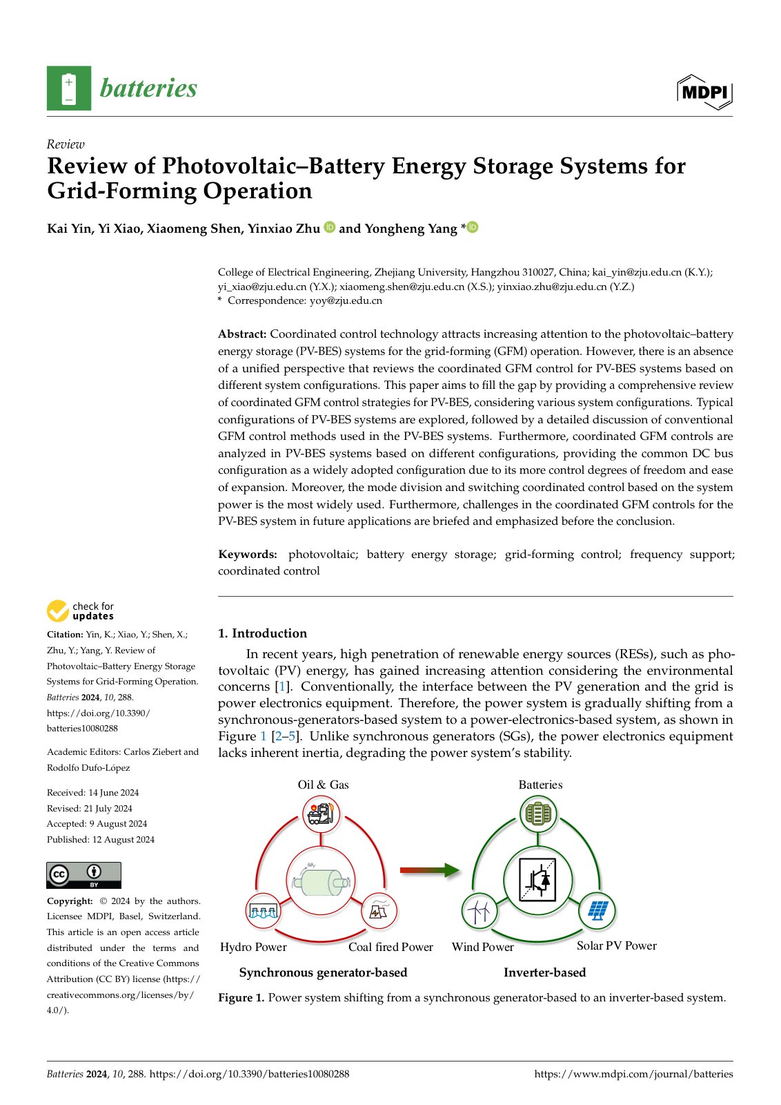 First page of Review of Photovoltaic–Battery Energy Storage Systems for Grid-Forming Operation
