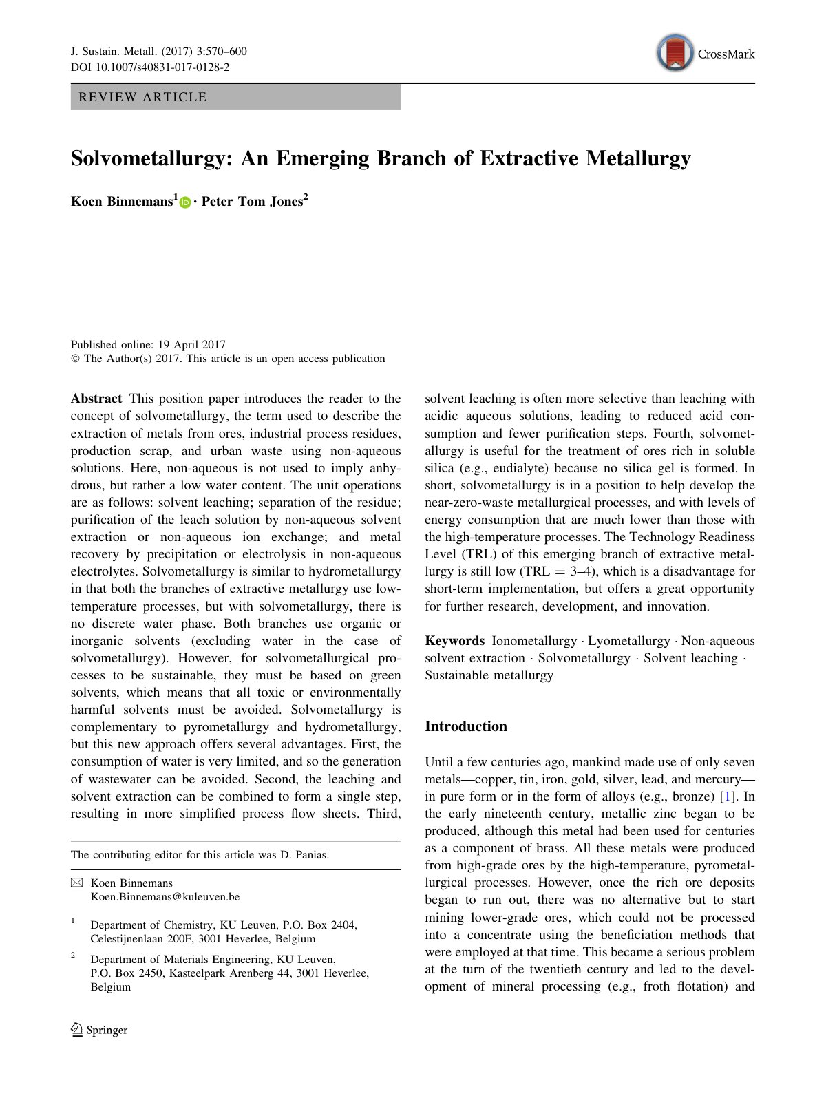 First page of Solvometallurgy: An Emerging Branch of Extractive Metallurgy