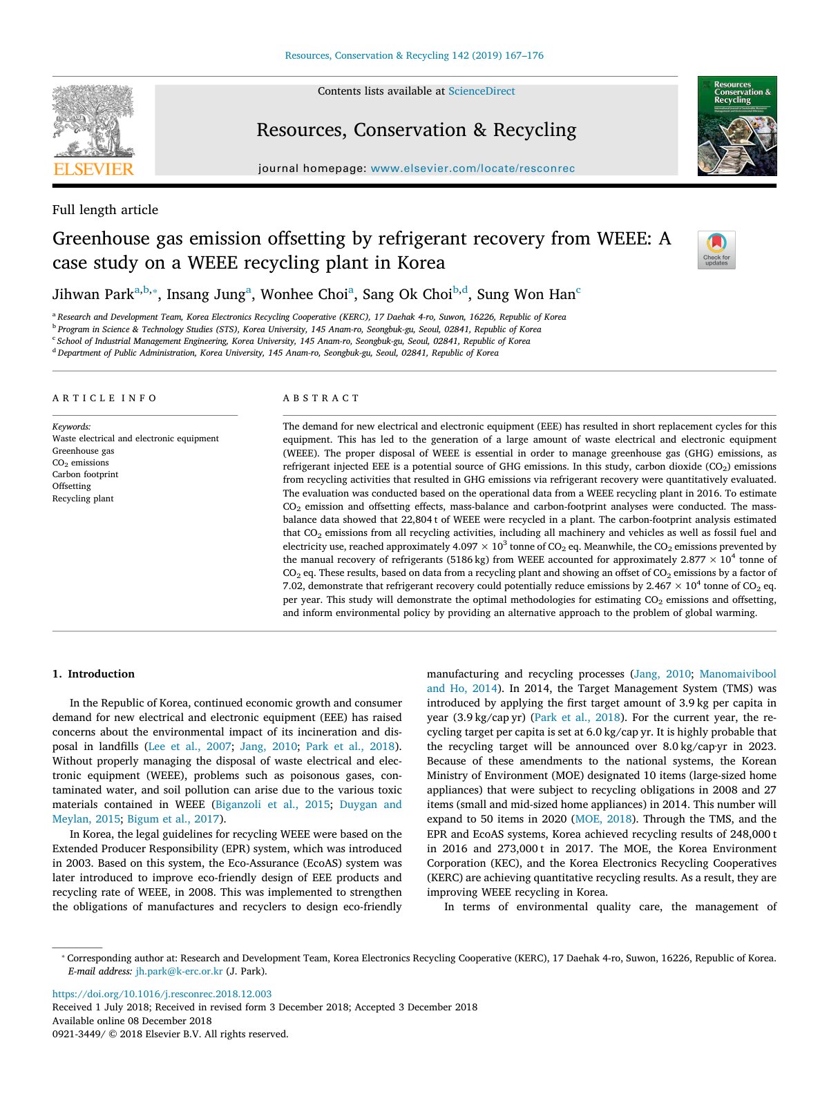 First page of Greenhouse gas emission offsetting by refrigerant reco 2019 Resources  Conse
