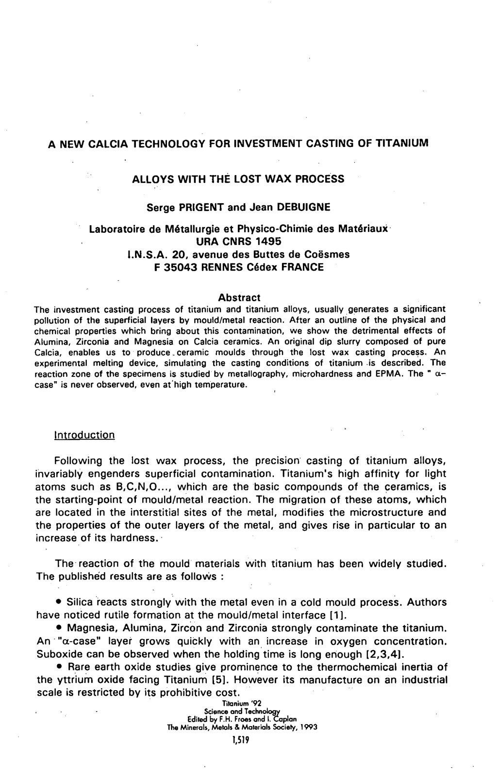 First page of 1992 Vol.2 2 A New Calcia Technology for Investment Casting of Titanium Serge Prigent