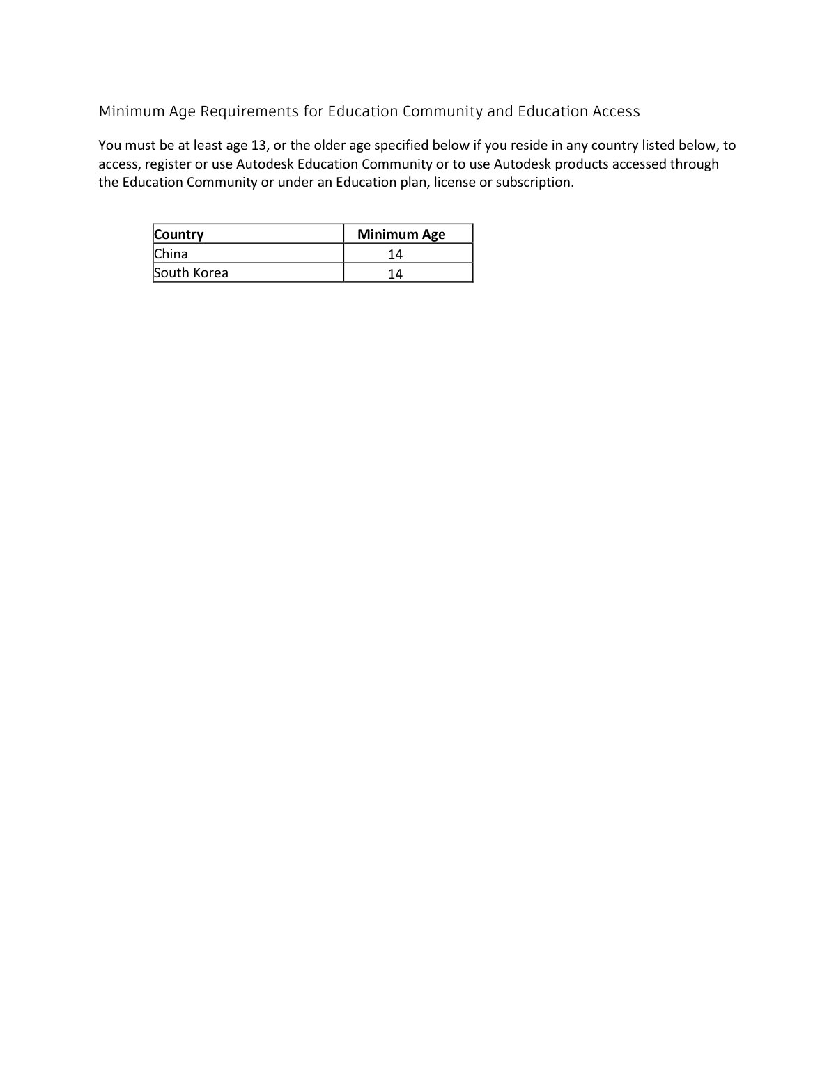 First page of minimum age requirements for education community and education access