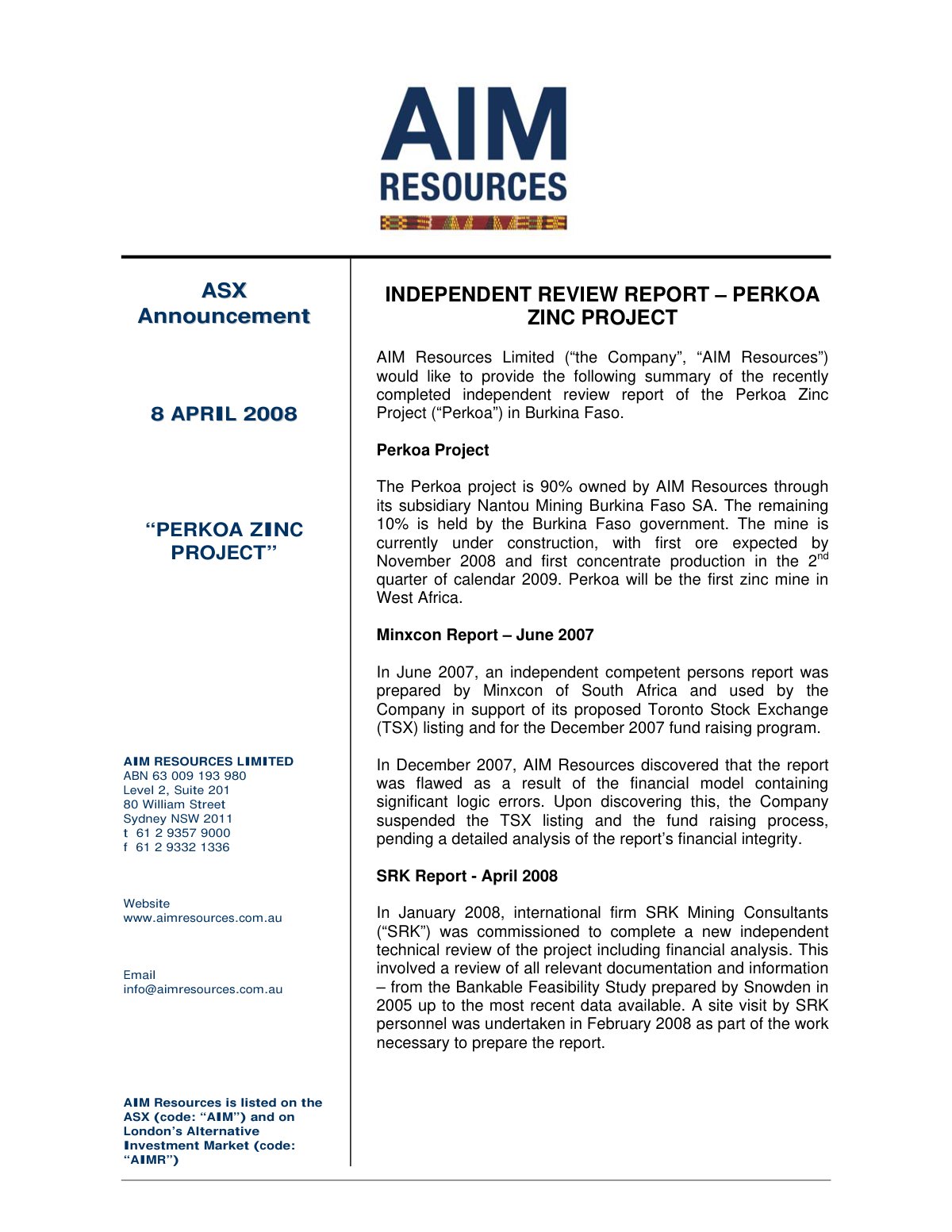 First page of ASX ANN SRK Report 20080408