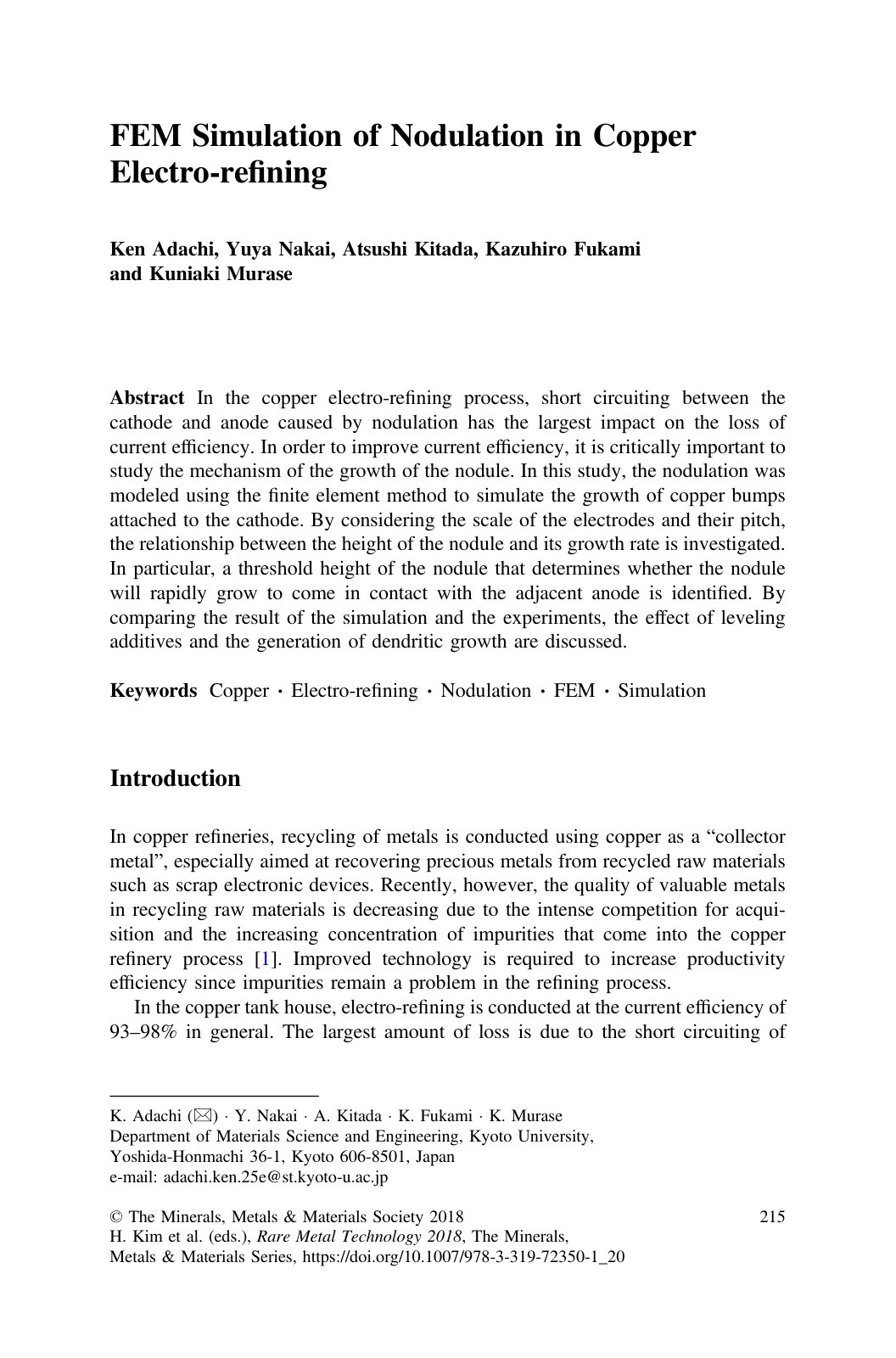 First page of FEM Simulation of Nodulation in Copper Electro-reﬁning