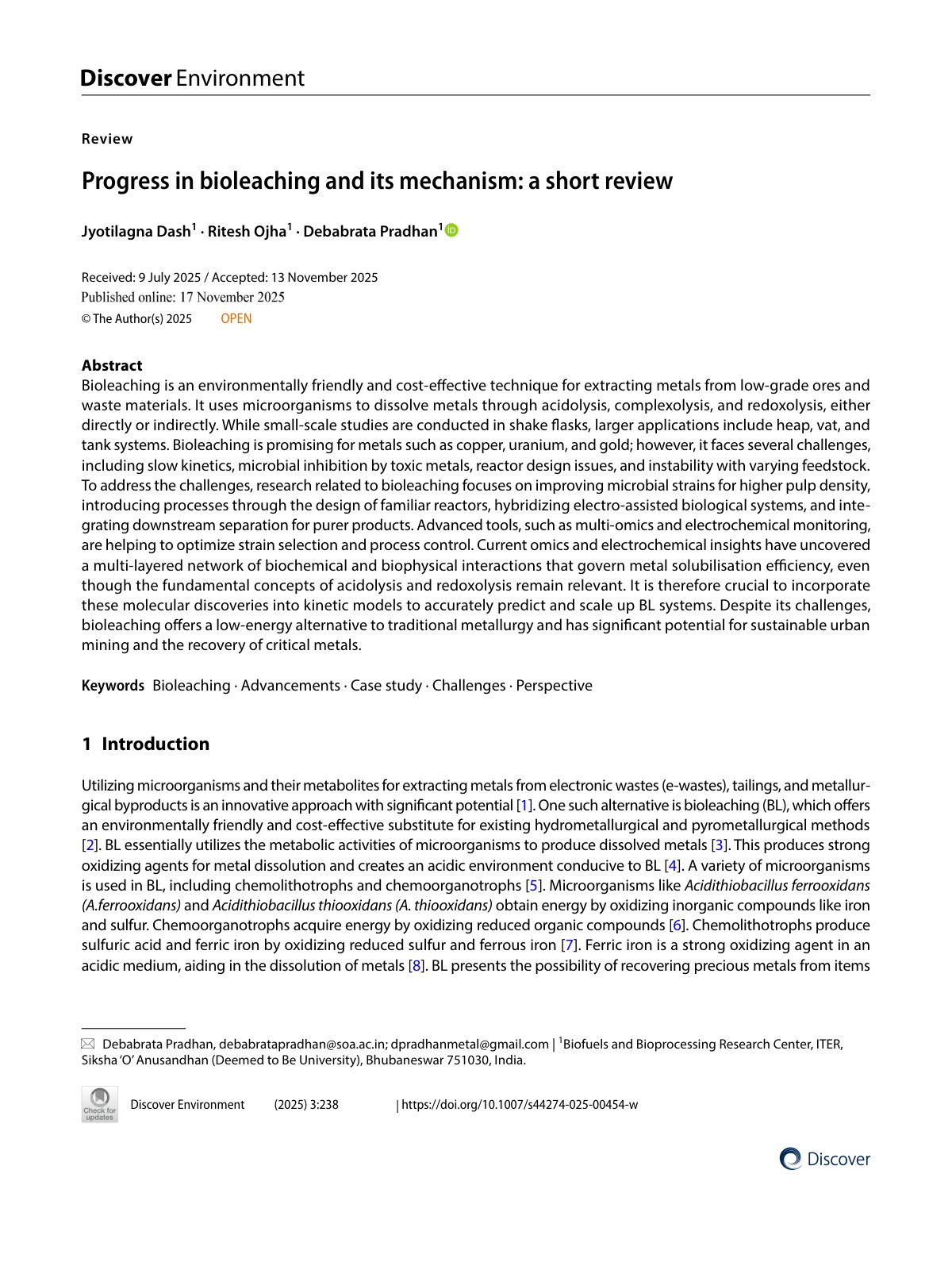 First page of Progress in bioleaching and its mechanism: a short review