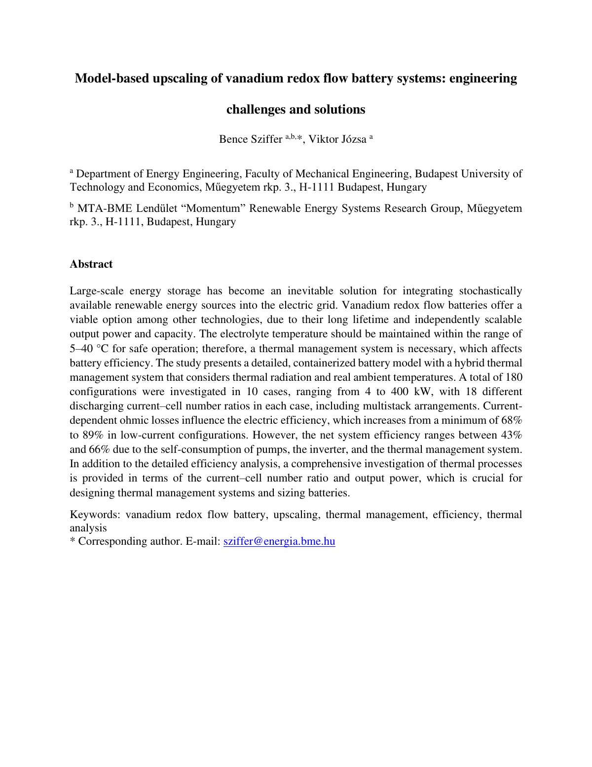 First page of Model-based upscaling of vanadium redox flow battery systems: engineering
