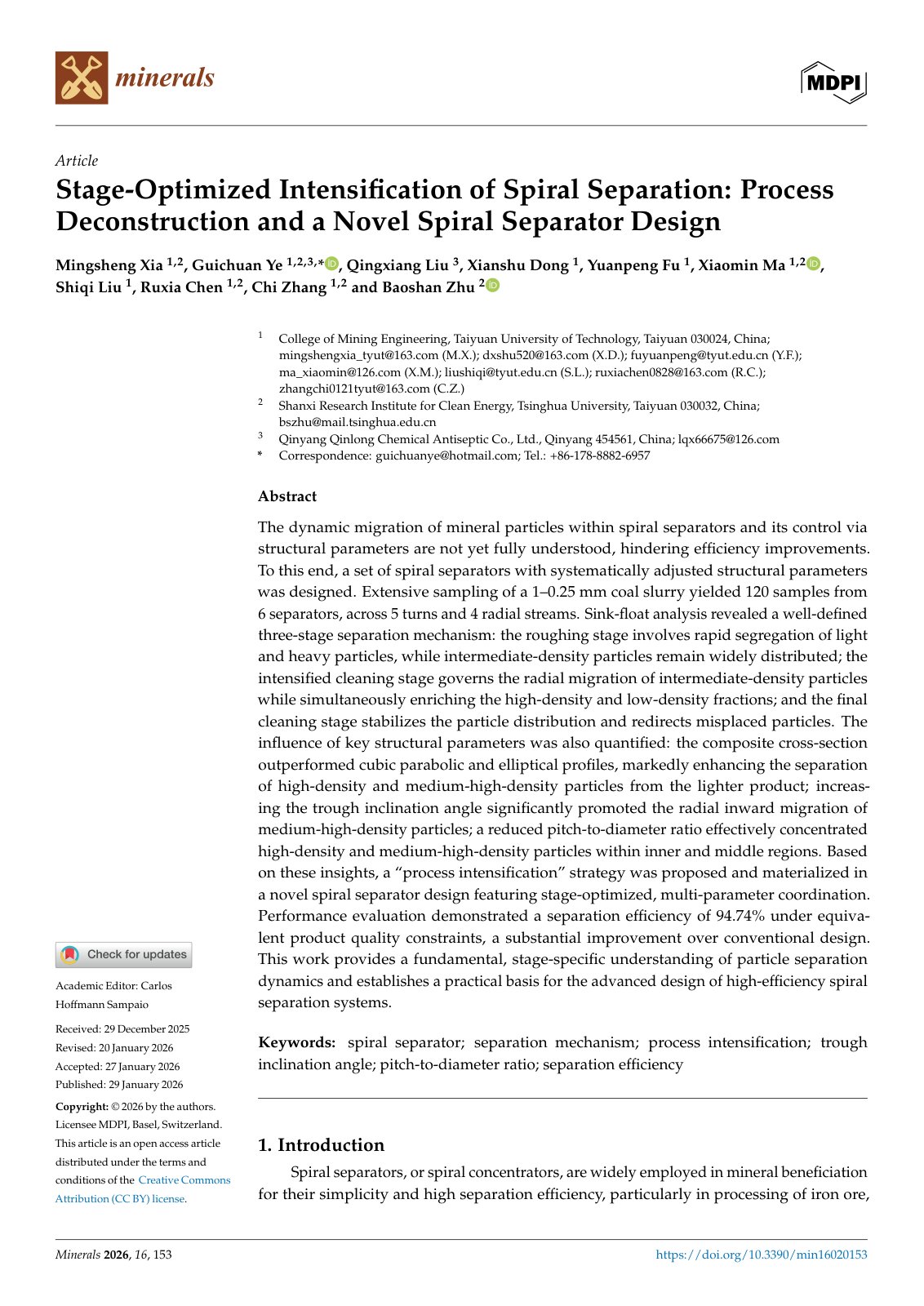 First page of Stage-Optimized Intensification of Spiral Separation: Process Deconstruction and a Novel Spiral Separator Design