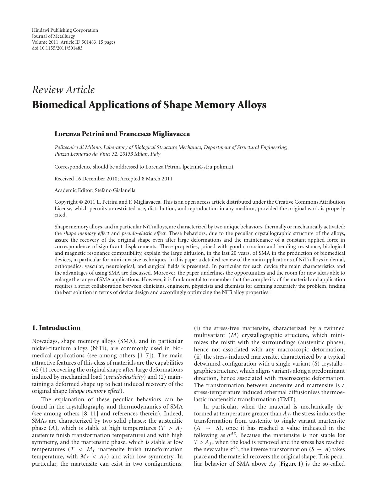First page of Biomedical Applications of Shape Memory Alloys