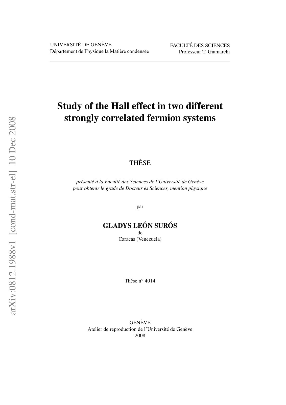 First page of Study of the Hall effect in two different strongly correlated fermion systems