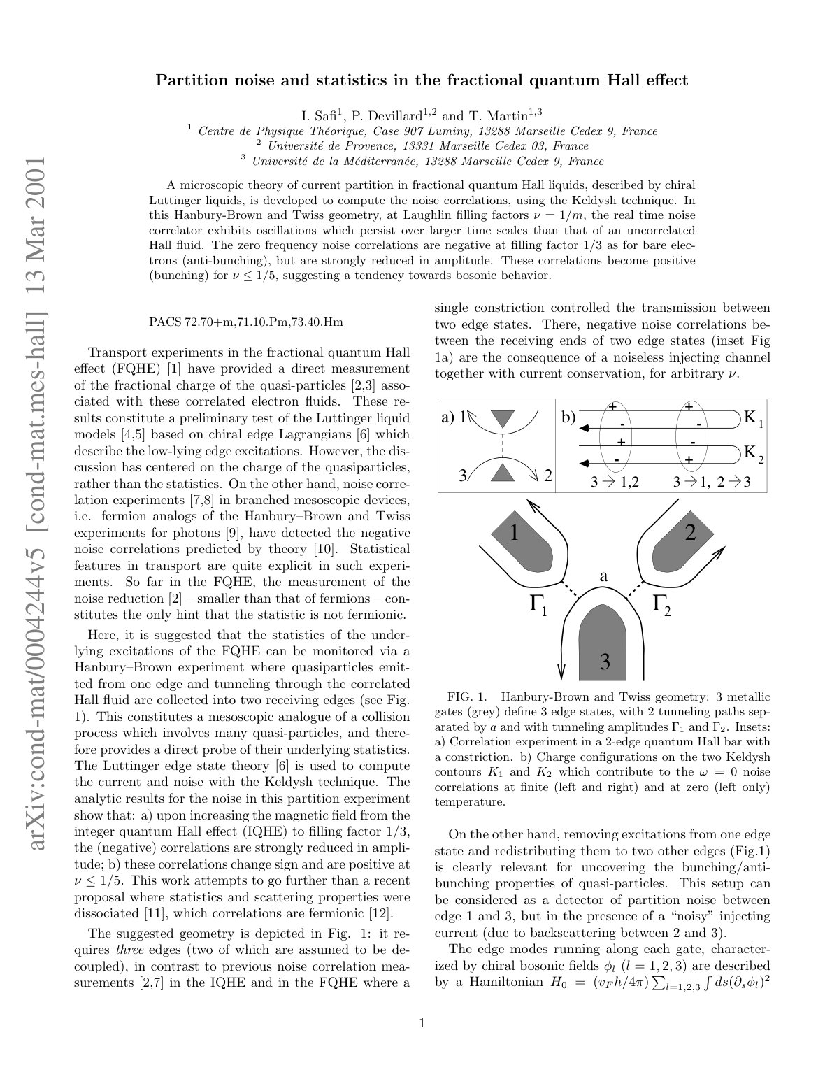 First page of Partition noise and statistics in the fractional quantum Hall effect