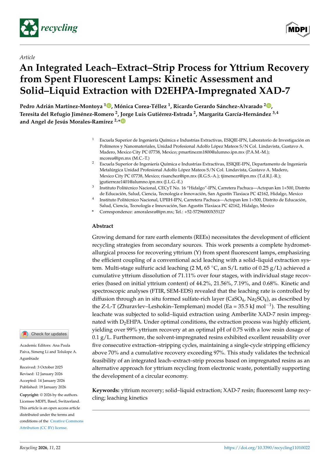 First page of An Integrated Leach–Extract–Strip Process for Yttrium Recovery from Spent Fluorescent Lamps: Kinetic Assessment and Solid–Liquid Extraction with D2EHPA-Impregnated XAD-7