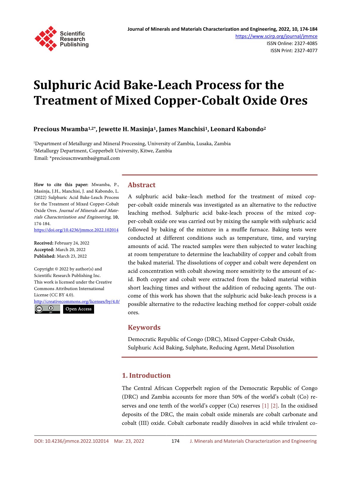 First page of Sulphuric Acid Bake Leach Process for th