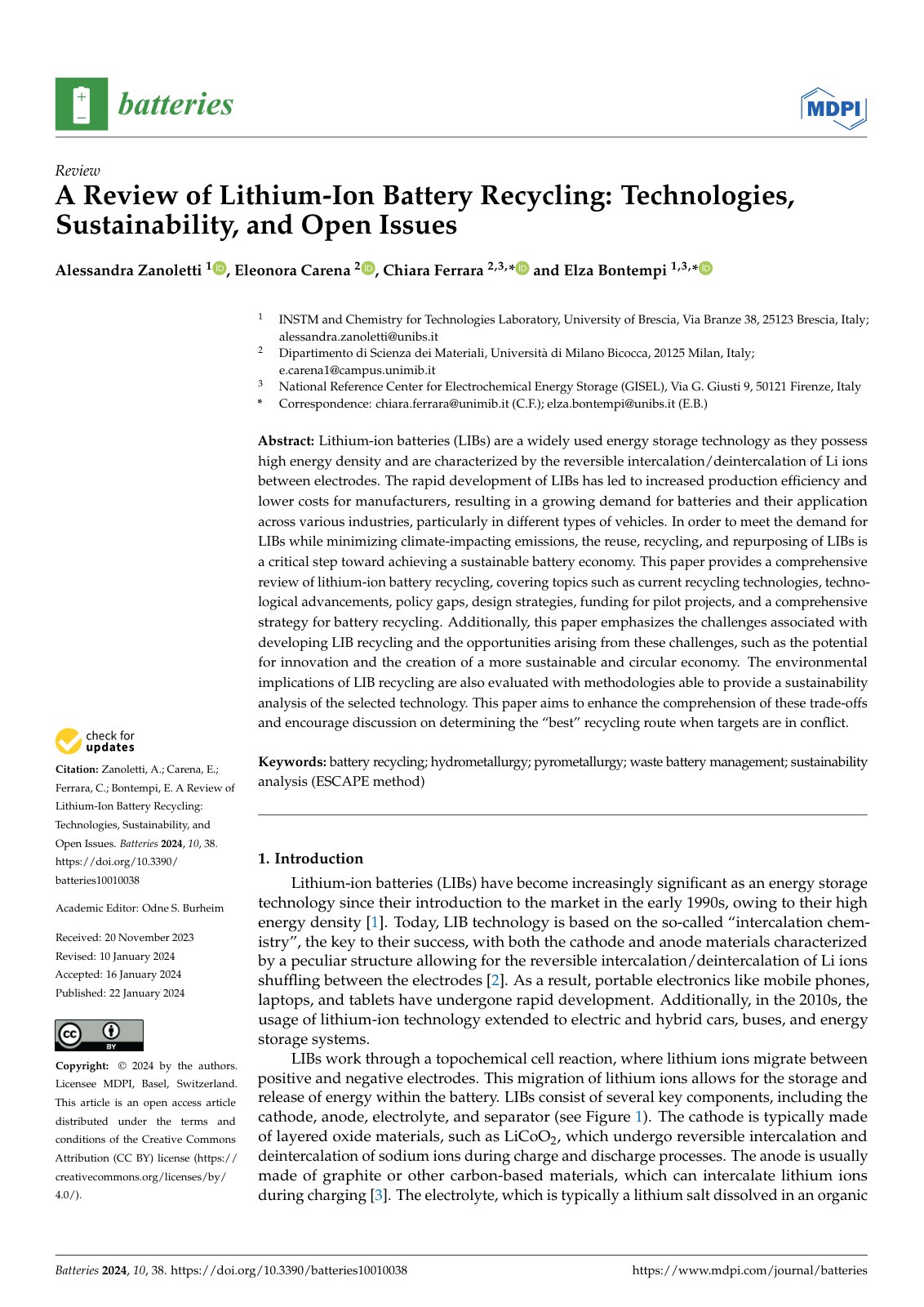 First page of A Review of Lithium-Ion Battery Recycling: Technologies, Sustainability, and Open Issues