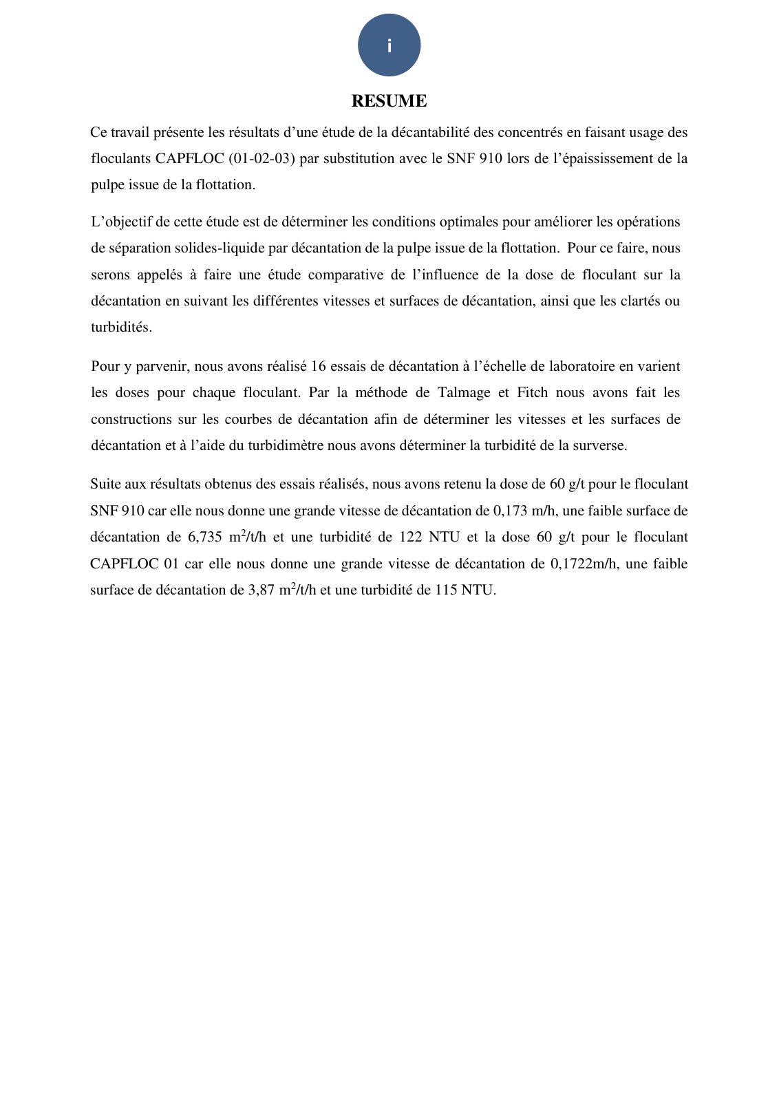 First page of Étude de la décantabilité des concentrés