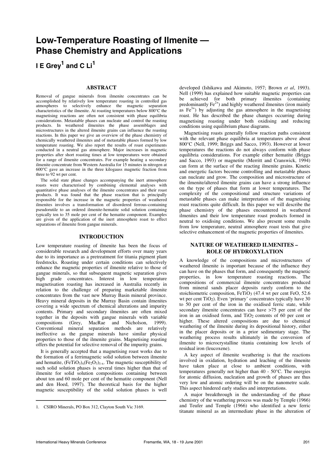 First page of Low-Temperature Roasting of Ilmenite — Phase Chemistry and Applications