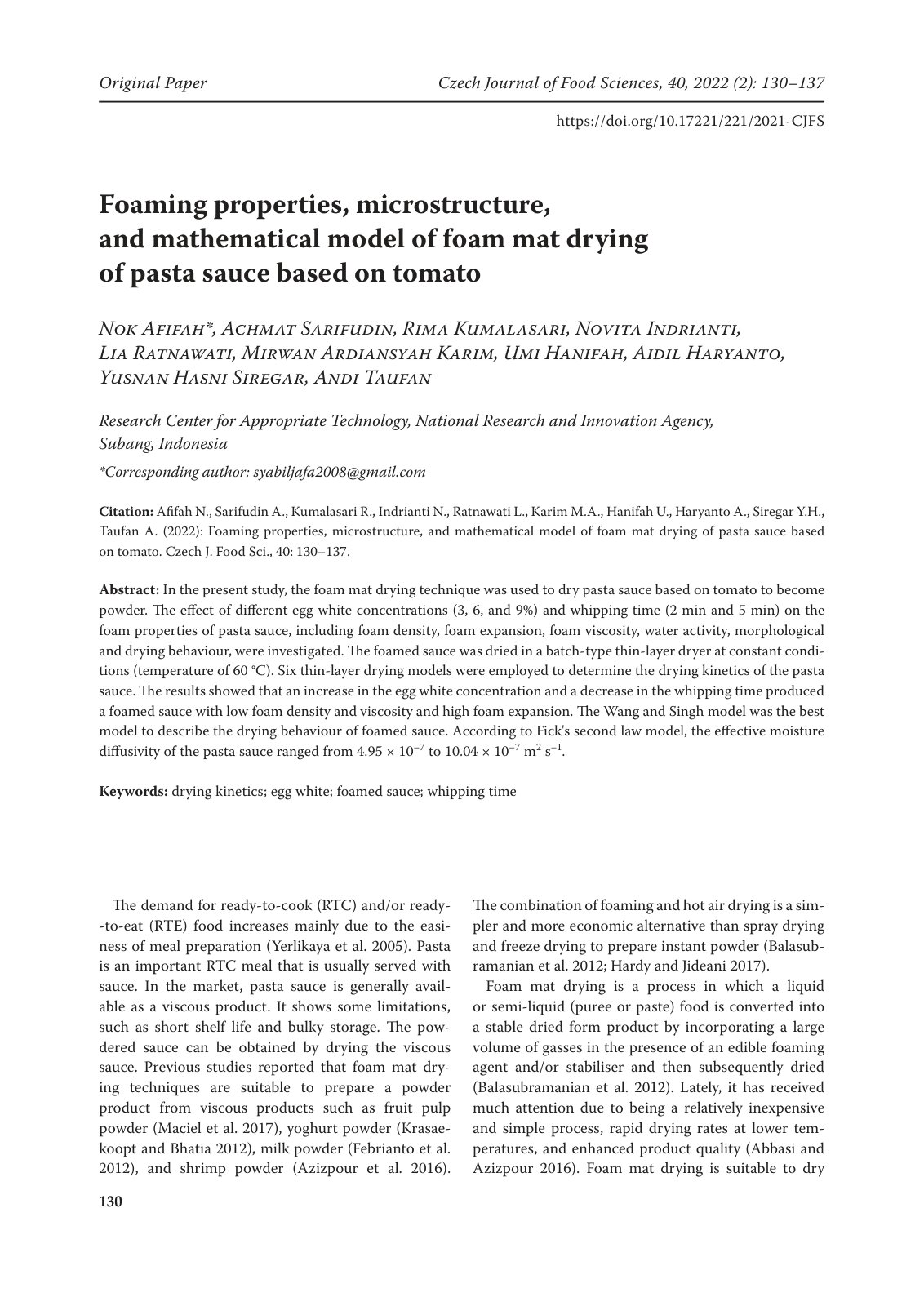 First page of Foaming properties, microstructure, and mathematical model of foam mat drying of pasta sauce based on tomato