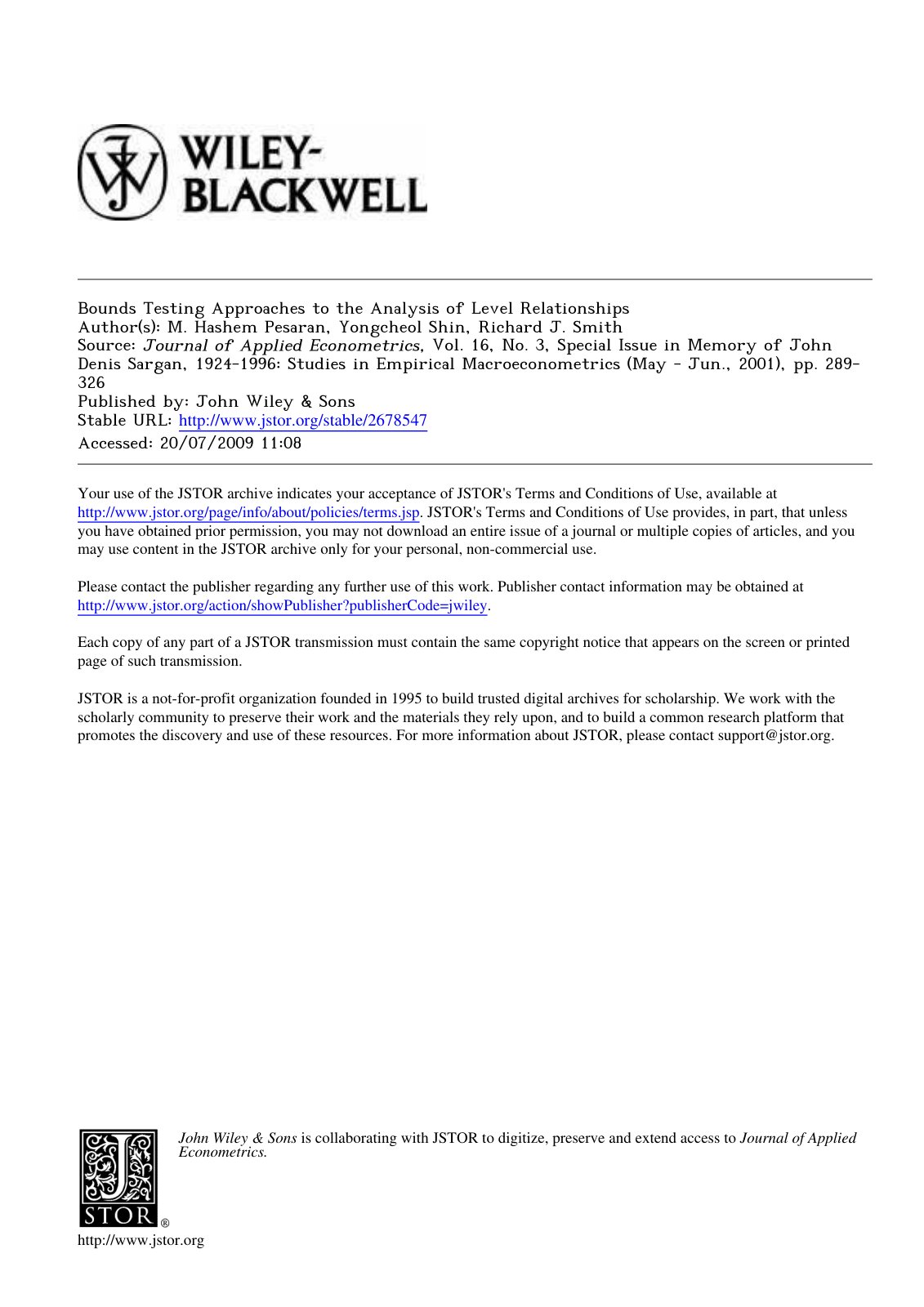 First page of Bounds Testing Approaches to the Analysis of Level Relationships