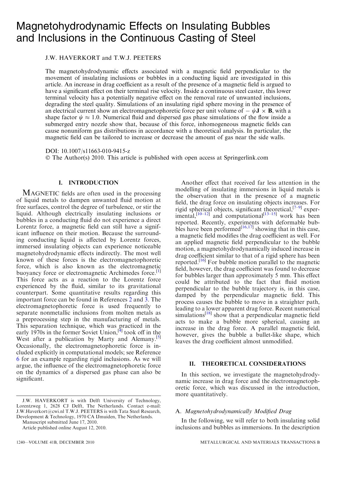 First page of Magnetohydrodynamic Effects on Insulating Bubbles and Inclusions in the Continuous Casting of Steel
