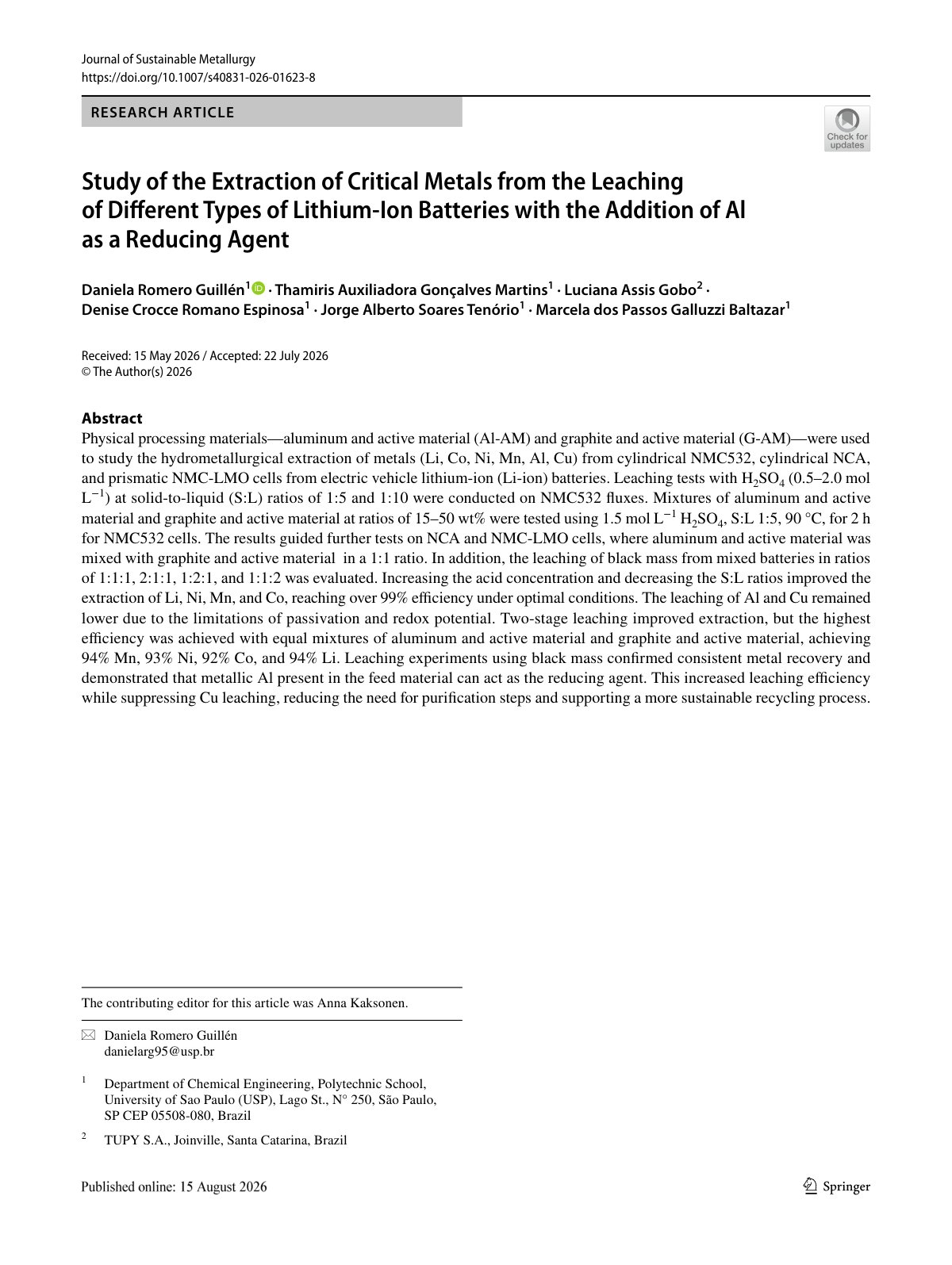 First page of 2026   Romero Guillen   Critical metals leaching from LIBs with aluminum