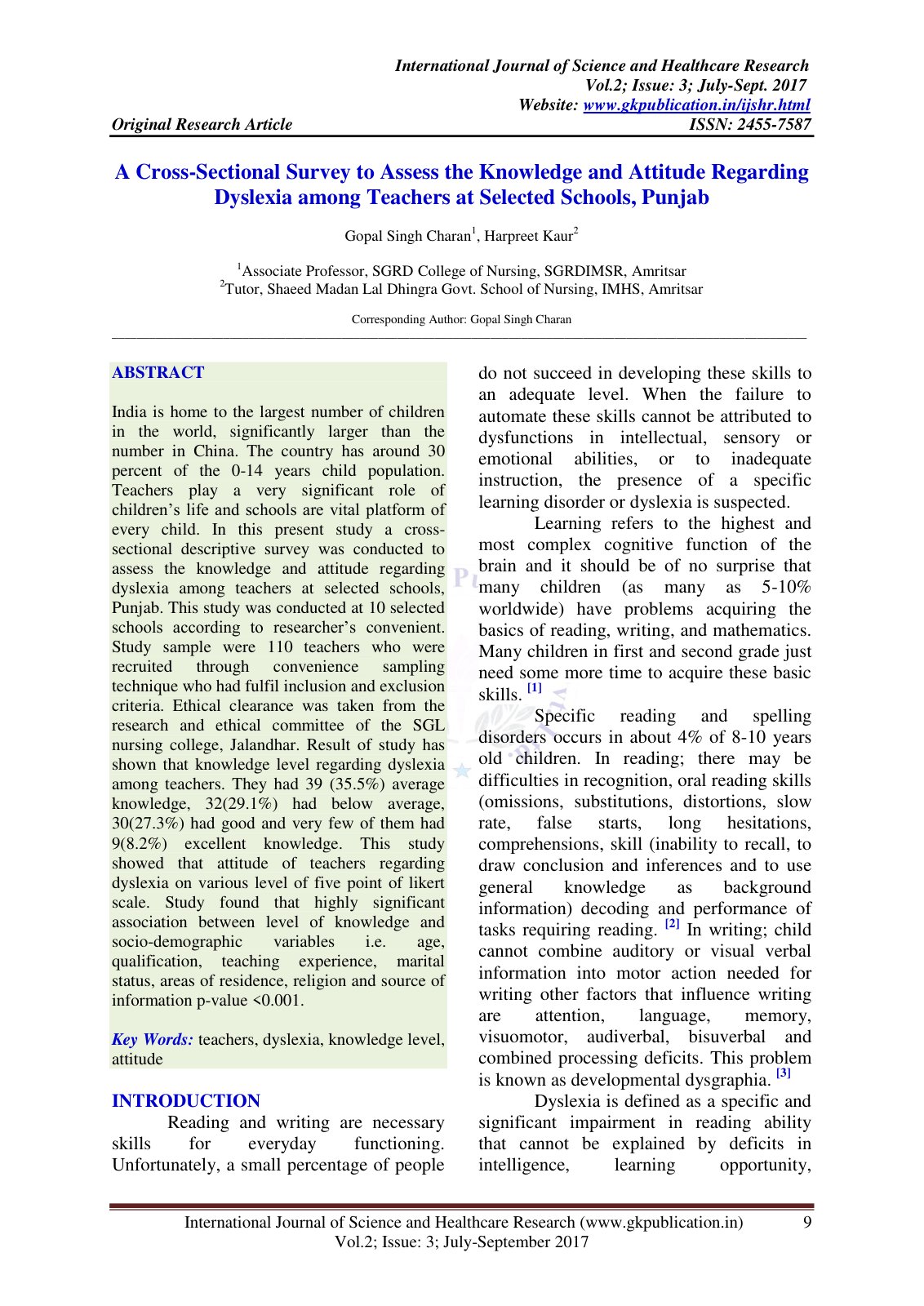 First page of A Cross-Sectional Survey to Assess the Knowledge and Attitude Regarding Dyslexia among Teachers at Selected Schools, Punjab