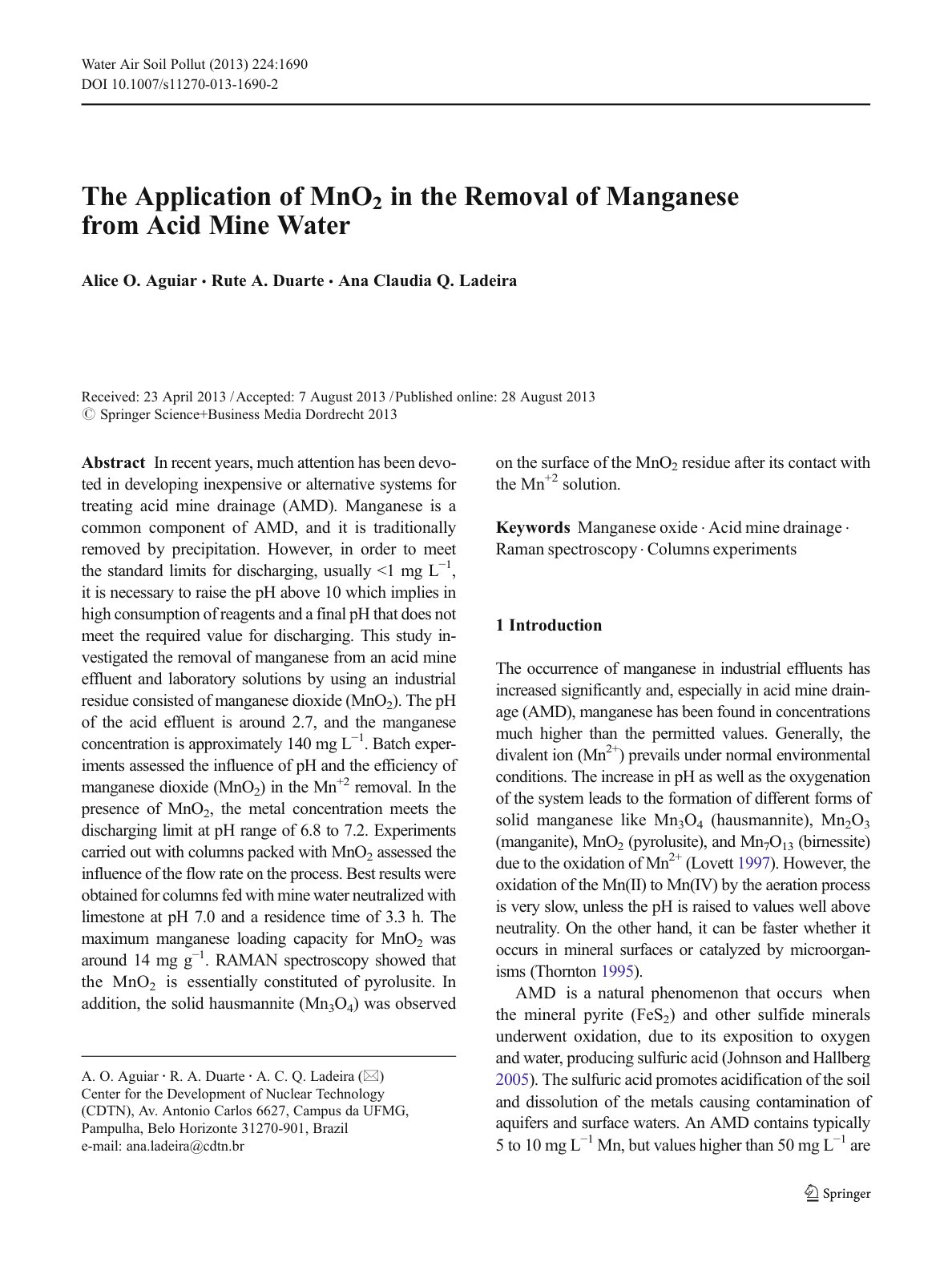 First page of The Application of MnO2 in the Removal of Manganese from Acid Mine Water