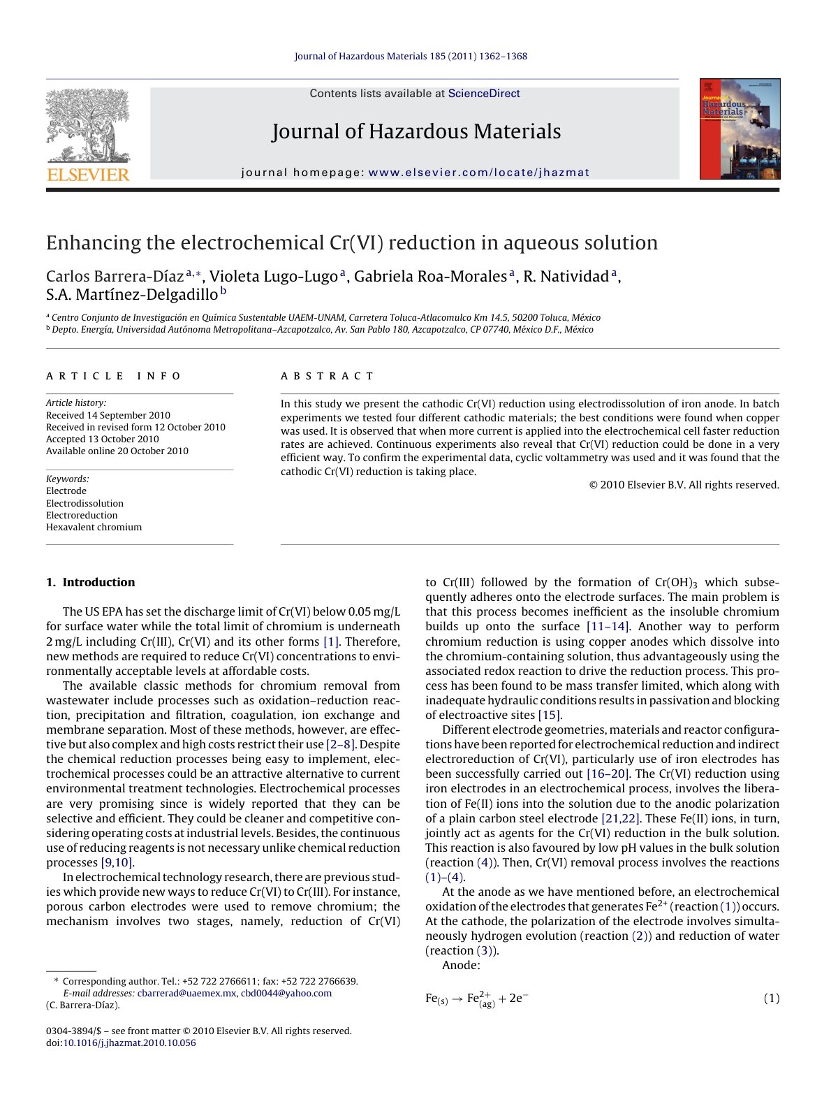First page of Enhancing the electrochemical Cr(VI) reduction in aqueous solution