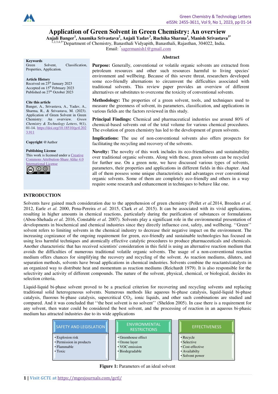 First page of Application of Green Solvent in Green Chemistry: An overview