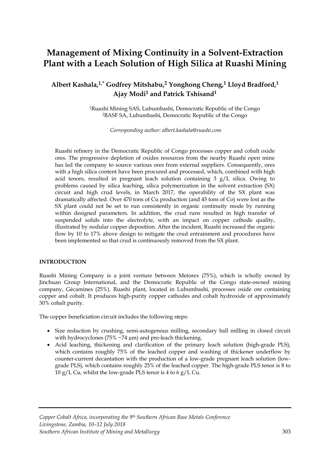 First page of Copper Cobalt Africa, incorporating the 9th Southern African Base Metals Conference