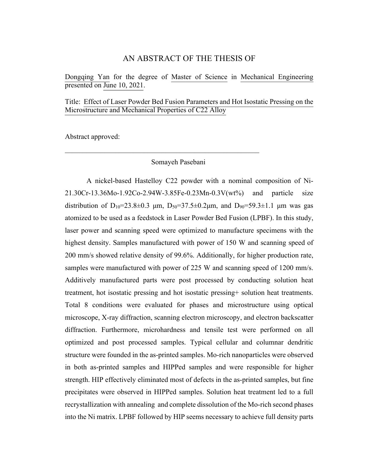 First page of Effect of Laser Powder Bed Fusion Parameters and Hot Isostatic Pressing on the Microstructure and Mechanical Properties of C22 Alloy