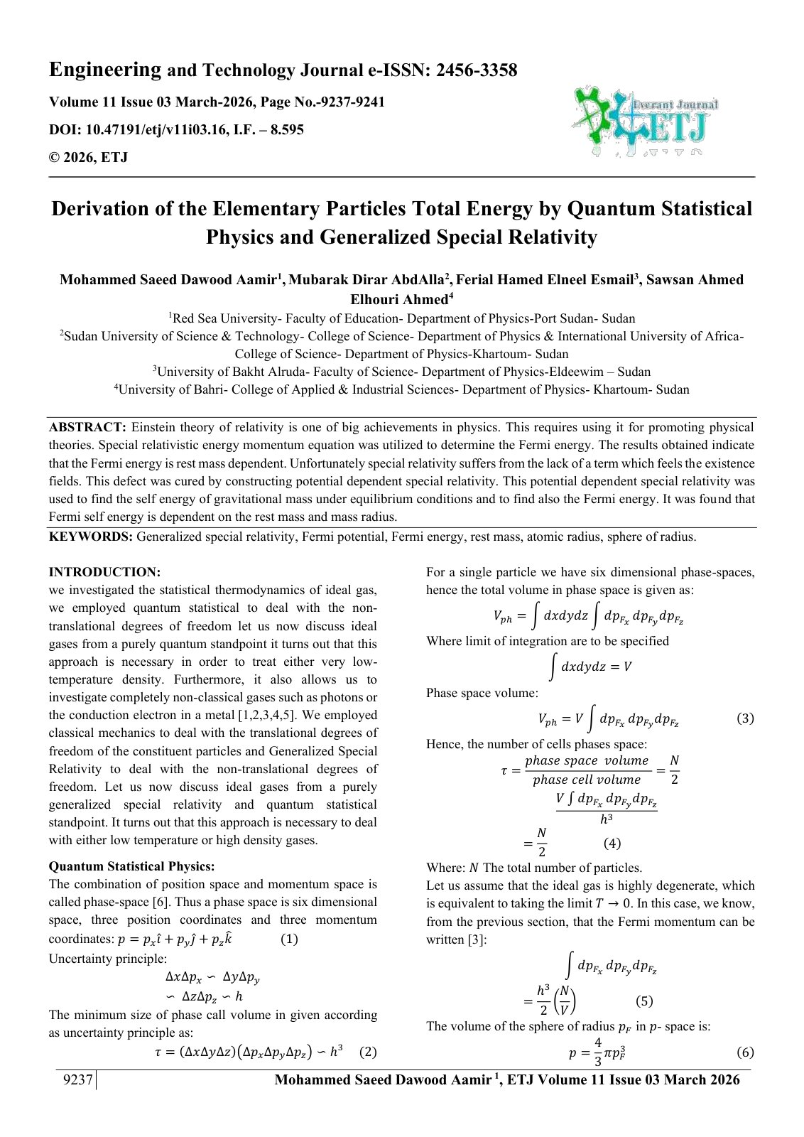 First page of Derivation of the Elementary Particles Total Energy by Quantum Statistical  Physics and Generalized Special Relativity 
