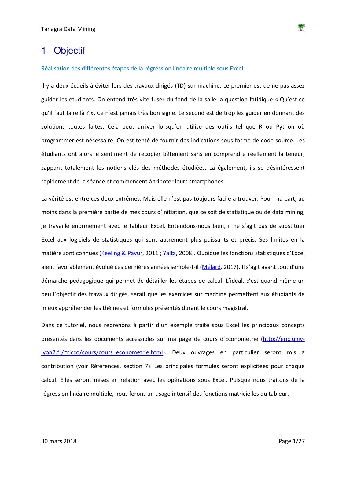 First page of fr Tanagra Regression Excel