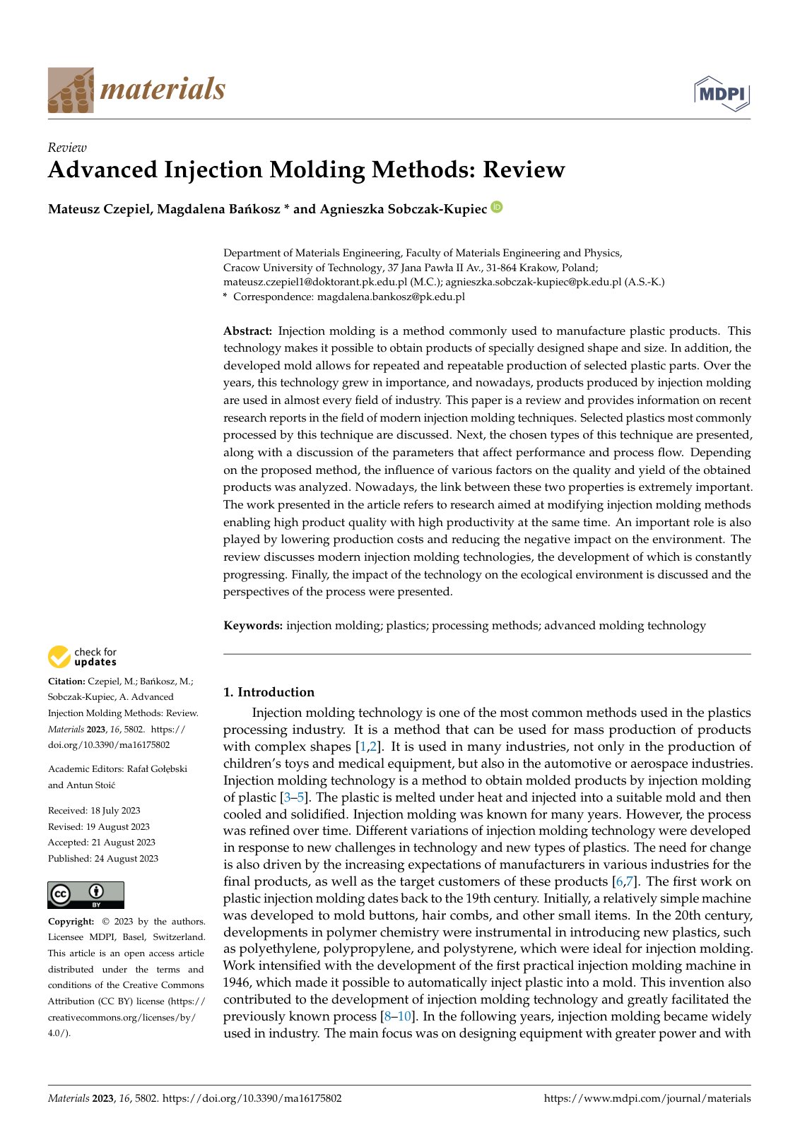 First page of Advanced Injection Molding Methods: Review
