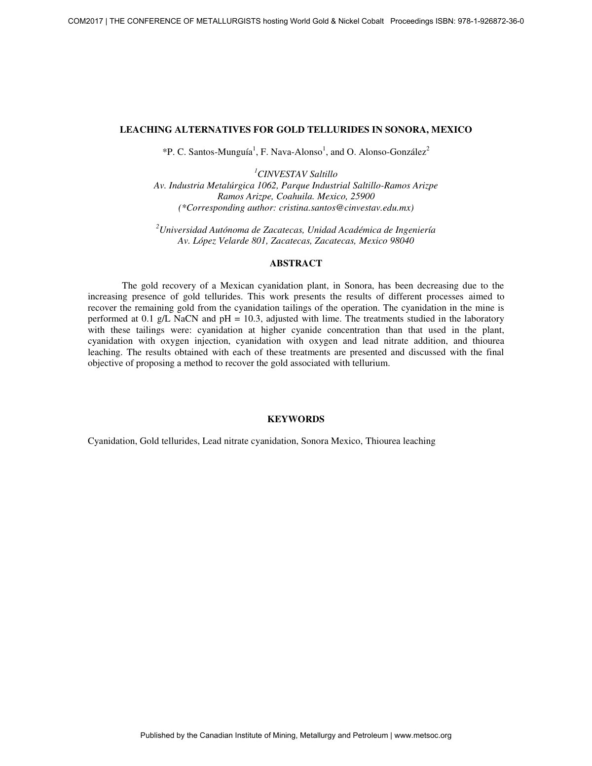 First page of Leaching alternatives for gold tellurides in Sonora, Mexico