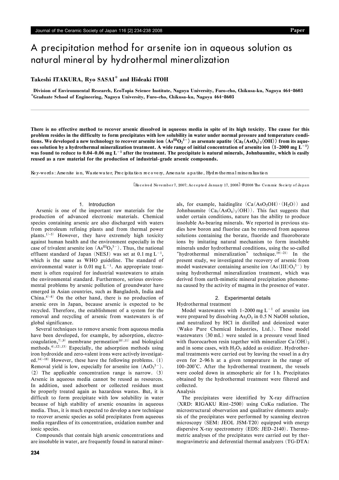 First page of A precipitation method for arsenite ion
