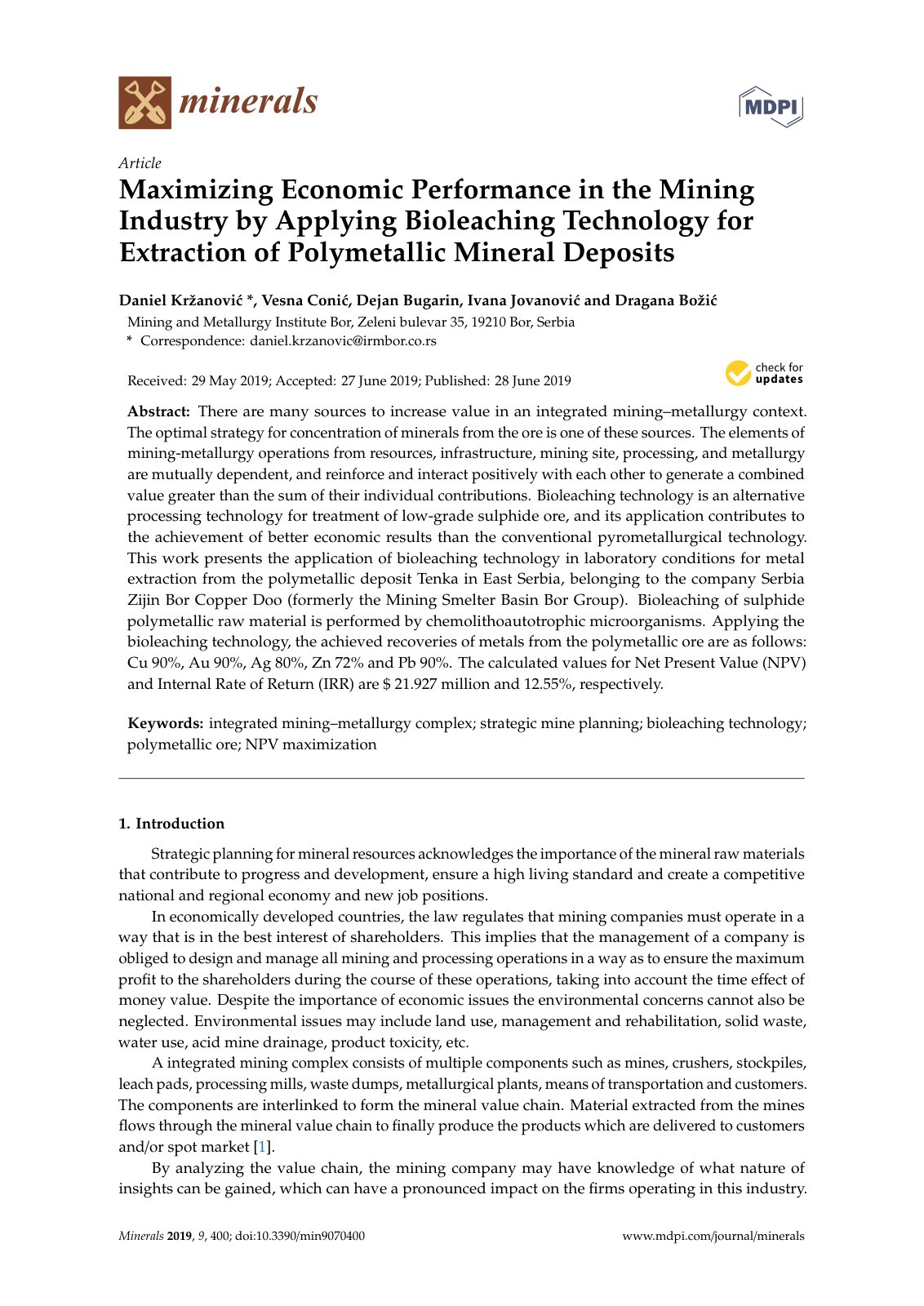 First page of Maximizing Economic Performance in the Mining Industry by Applying Bioleaching Technology for Extraction of Polymetallic Mineral Deposits