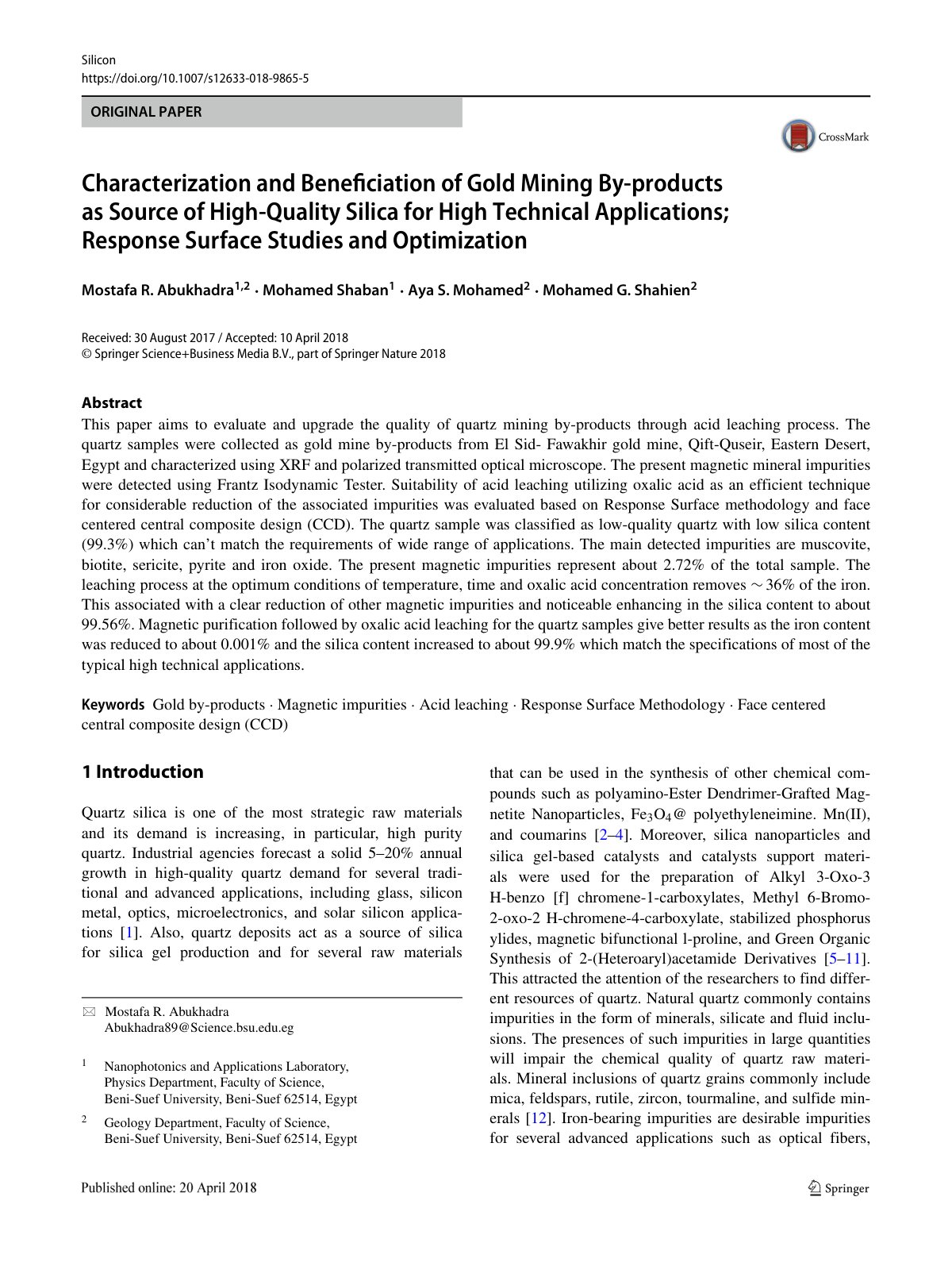 First page of Characterization and Beneficiation of Gold Mining By-products as Source of High-Quality Silica for High Technical Applications; Response Surface Studies and Optimization