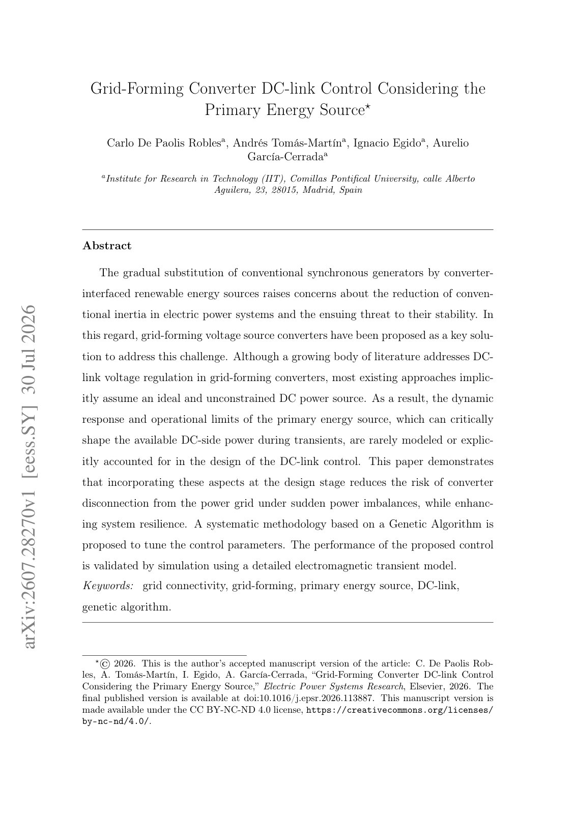 First page of Grid-Forming Converter DC-link Control Considering the Primary Energy Source