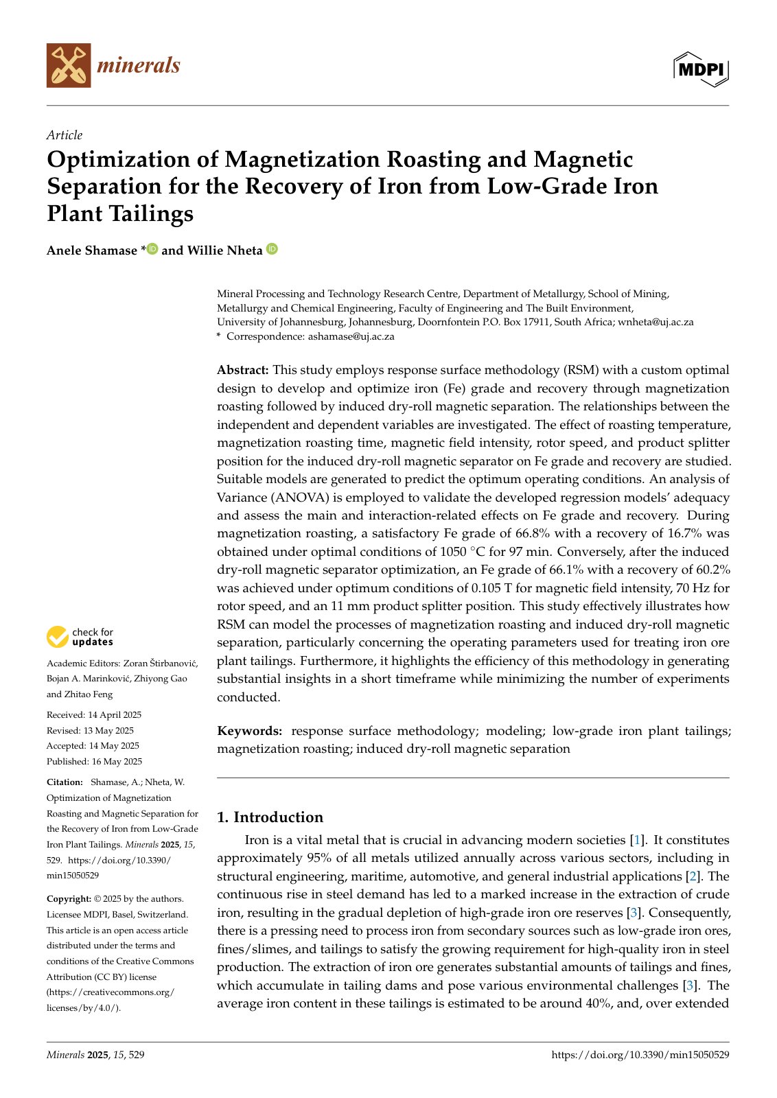 First page of Optimization of Magnetization Roasting and Magnetic Separation for the Recovery of Iron from Low-Grade Iron Plant Tailings