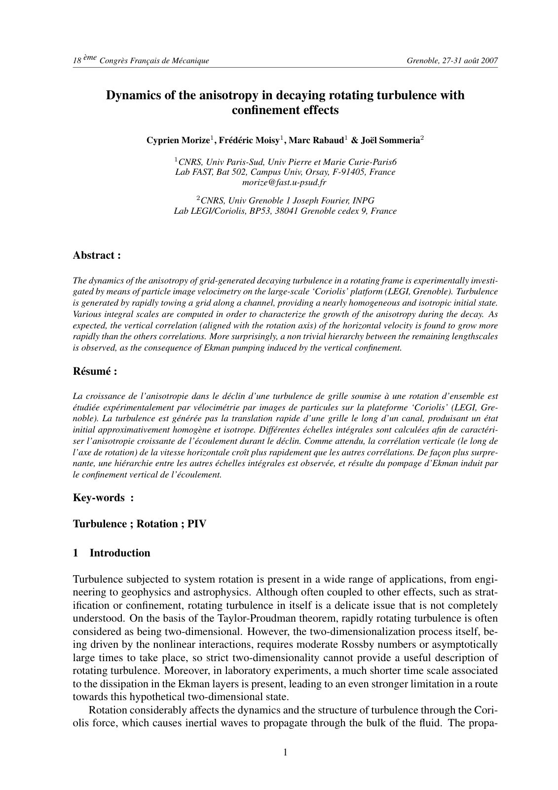First page of Dynamics of the anisotropy in decaying rotating turbulence with conﬁnement effects
