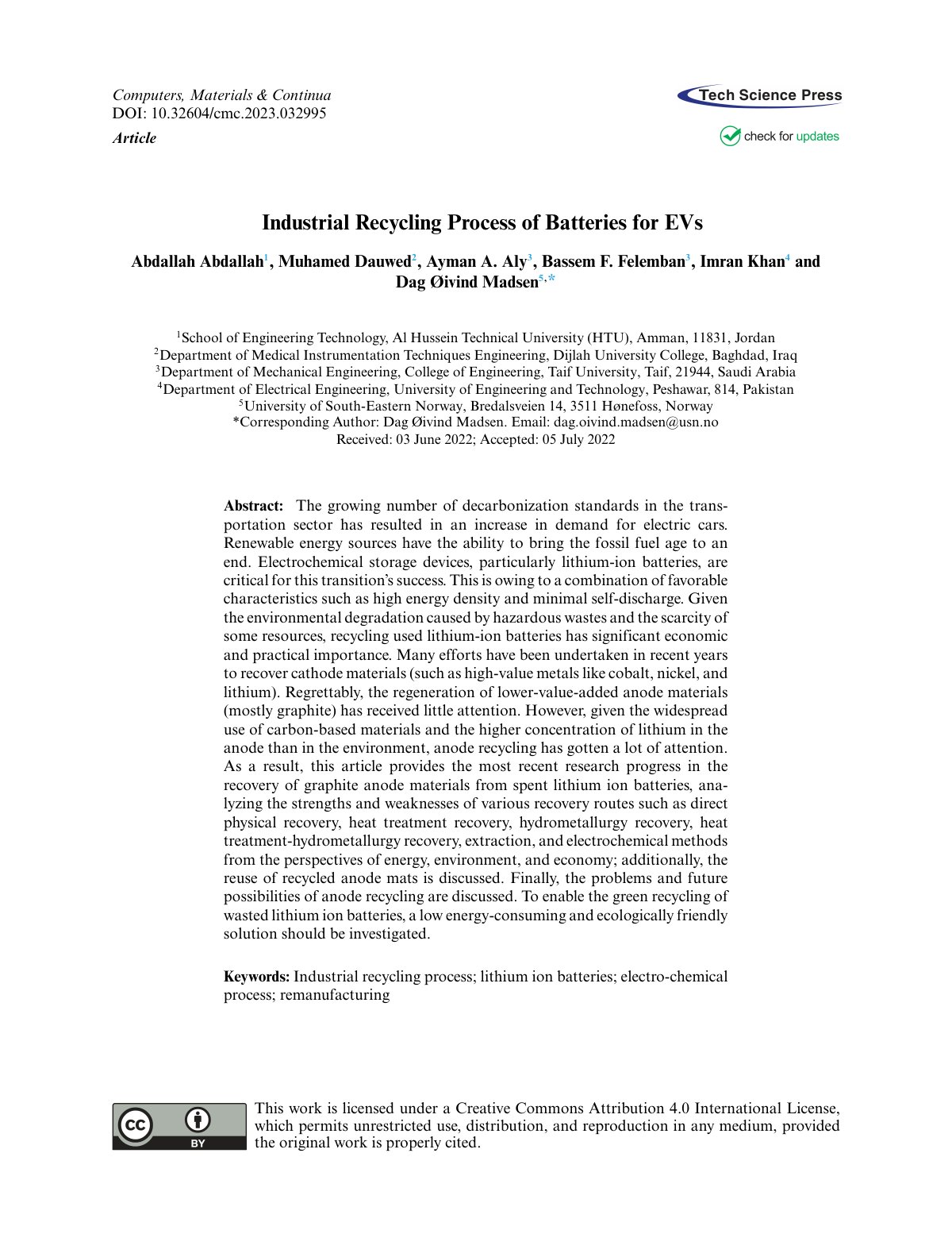 First page of Industrial Recycling Process of Batterie