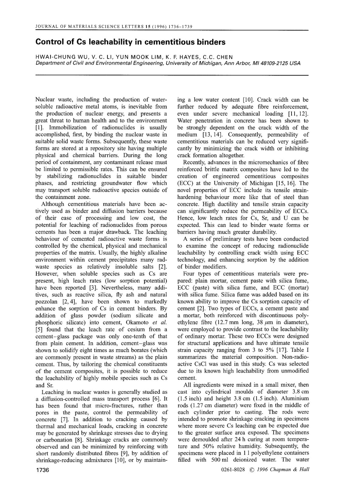 First page of Control of Cs leachability in cementitious binders