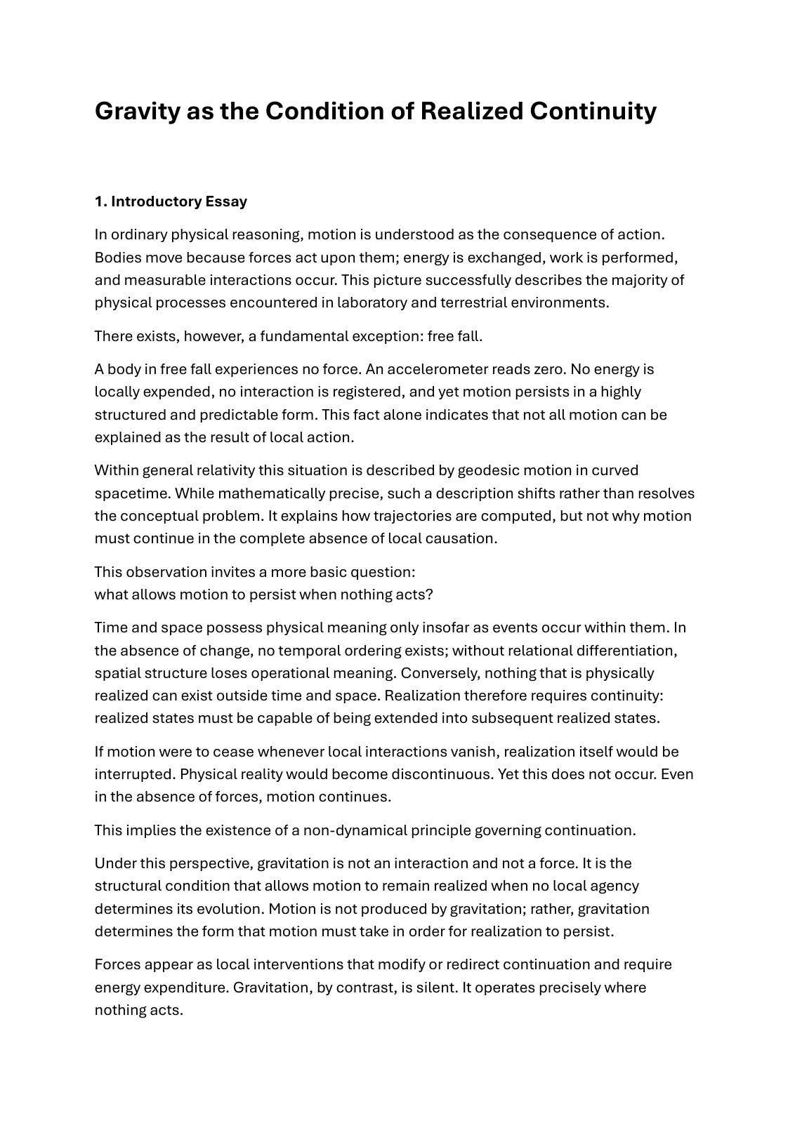 First page of Gravity as the Condition of Realized Con