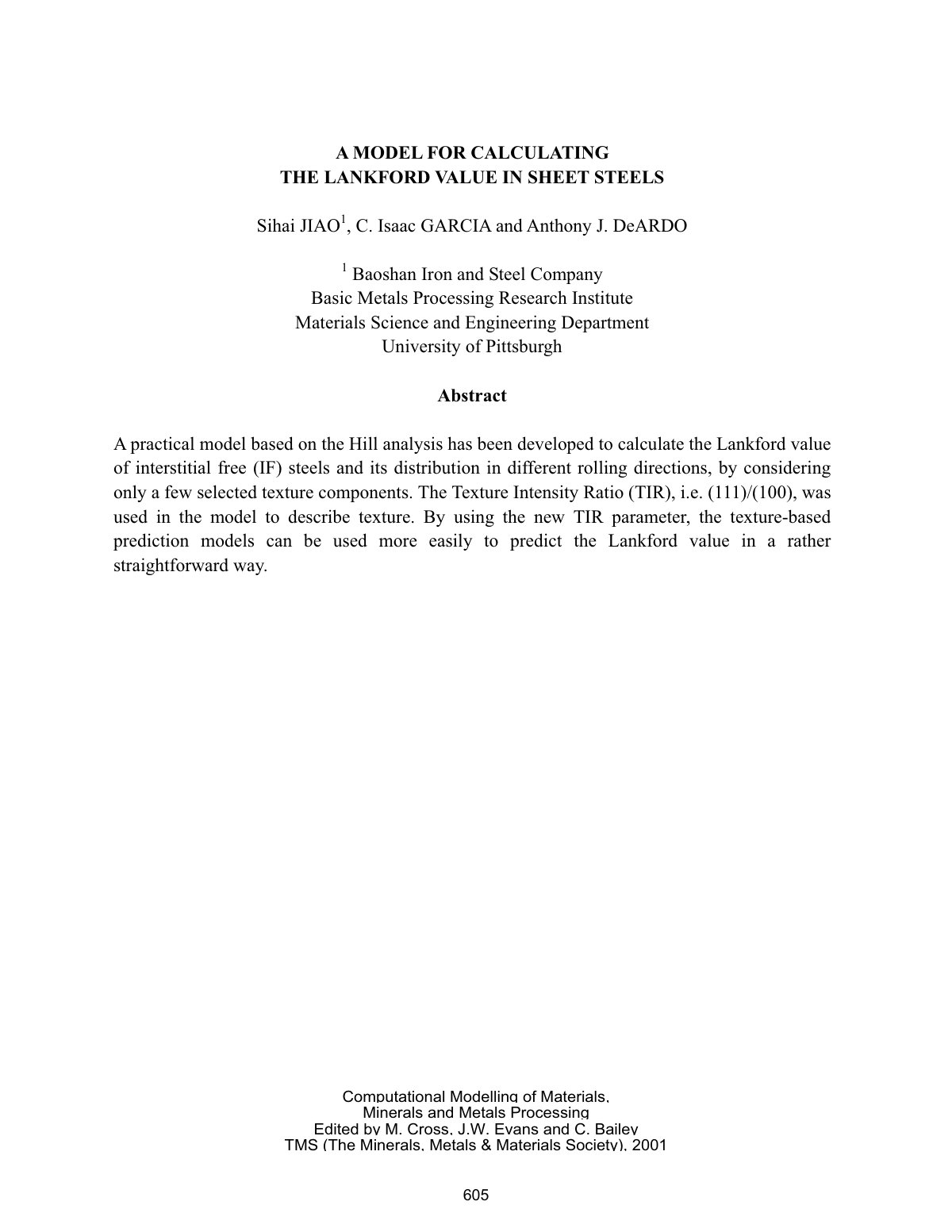 First page of A MODEL FOR CALCULATING THE LANKFORD VALUE IN SHEET STEELS