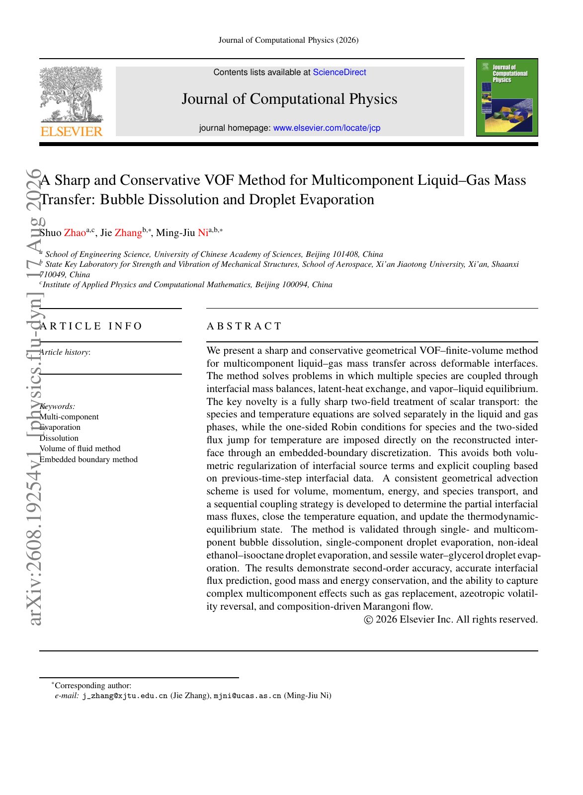 First page of A Sharp and Conservative VOF Method for Multicomponent Liquid–Gas Mass Transfer: Bubble Dissolution and Droplet Evaporation