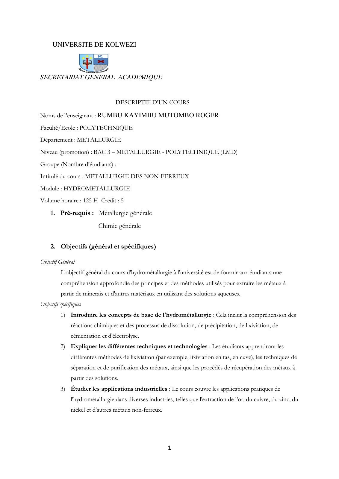 First page of Descriptif du cours   MNF   Hydrométallurgie   2024 2025