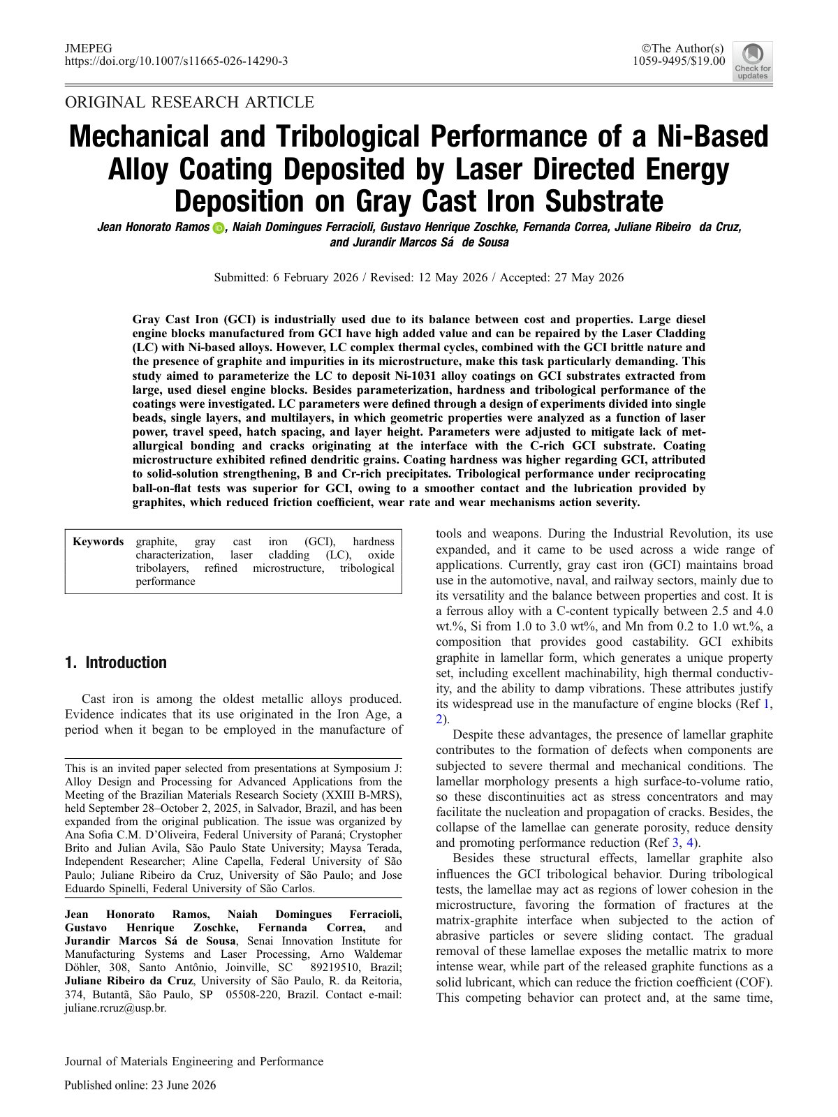 First page of 2026 Ramos Ni Coating Laser DED Cast Iron