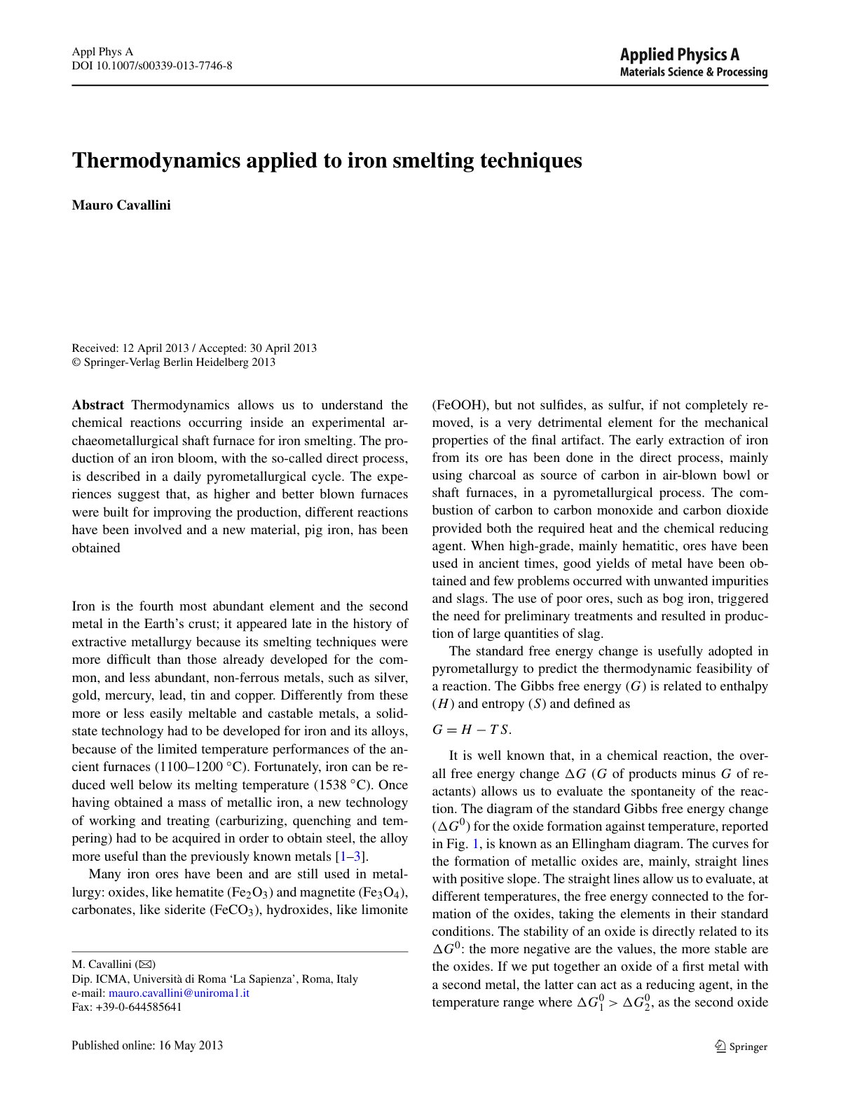First page of Thermodynamics applied to iron smelting techniques
