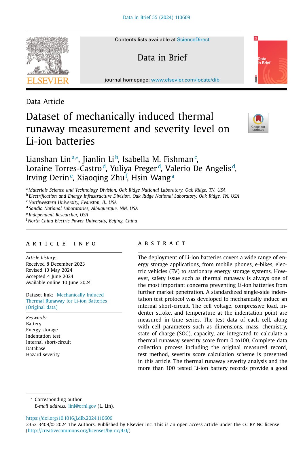 First page of Dataset of mechanically induced thermal runaway measurement and severity level on Li-ion batteries