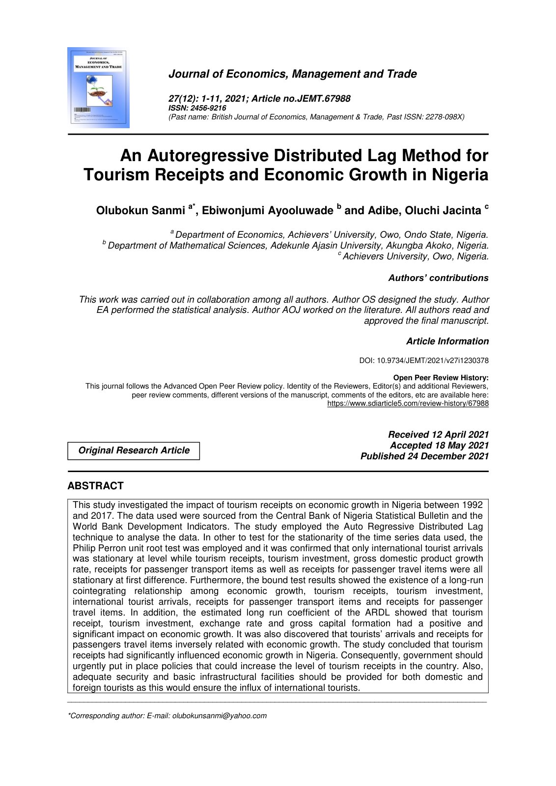 First page of An Autoregressive Distributed Lag Method