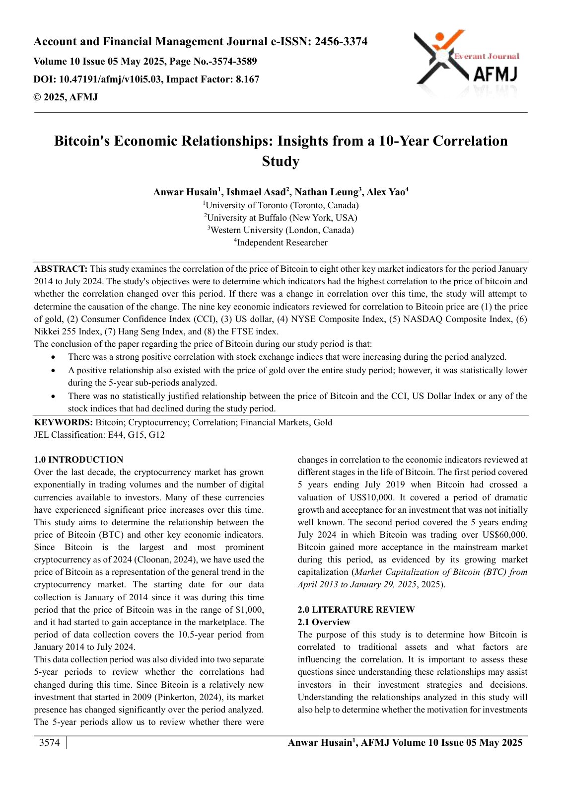 First page of Bitcoin's Economic Relationships: Insights from a 10-Year Correlation Study