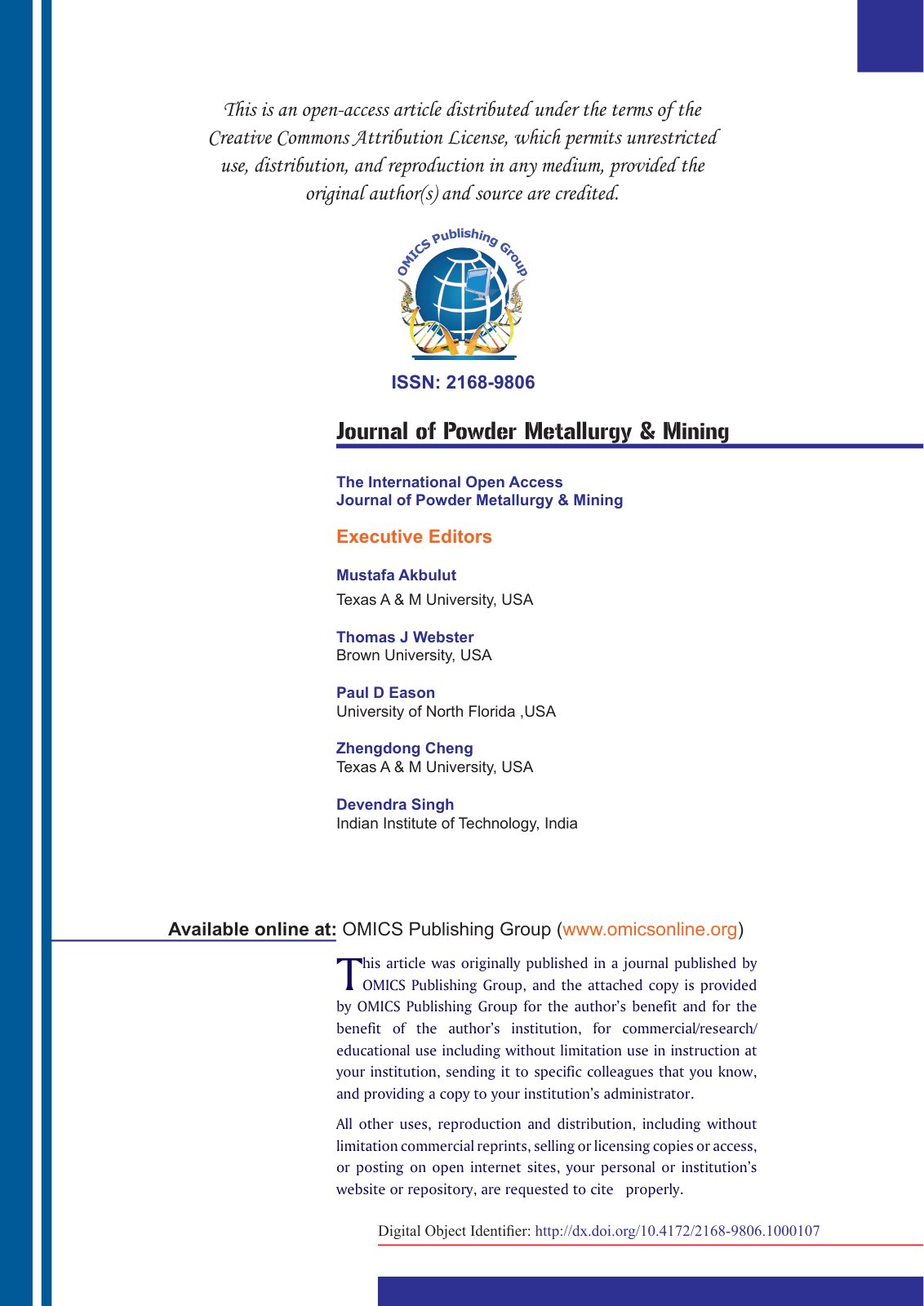 First page of Journal of Powder Metallurgy and Mining